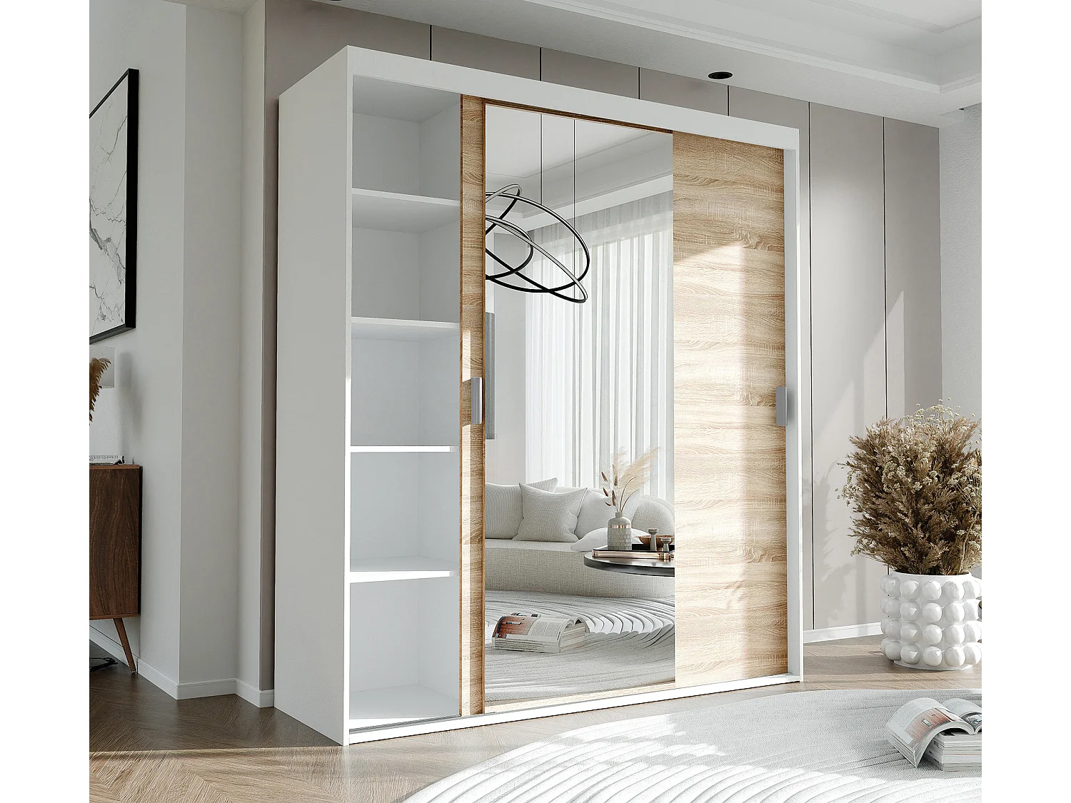Armoire 3 portes coulissantes - Avec miroir - L180 cm - Blanc et naturel - STILO