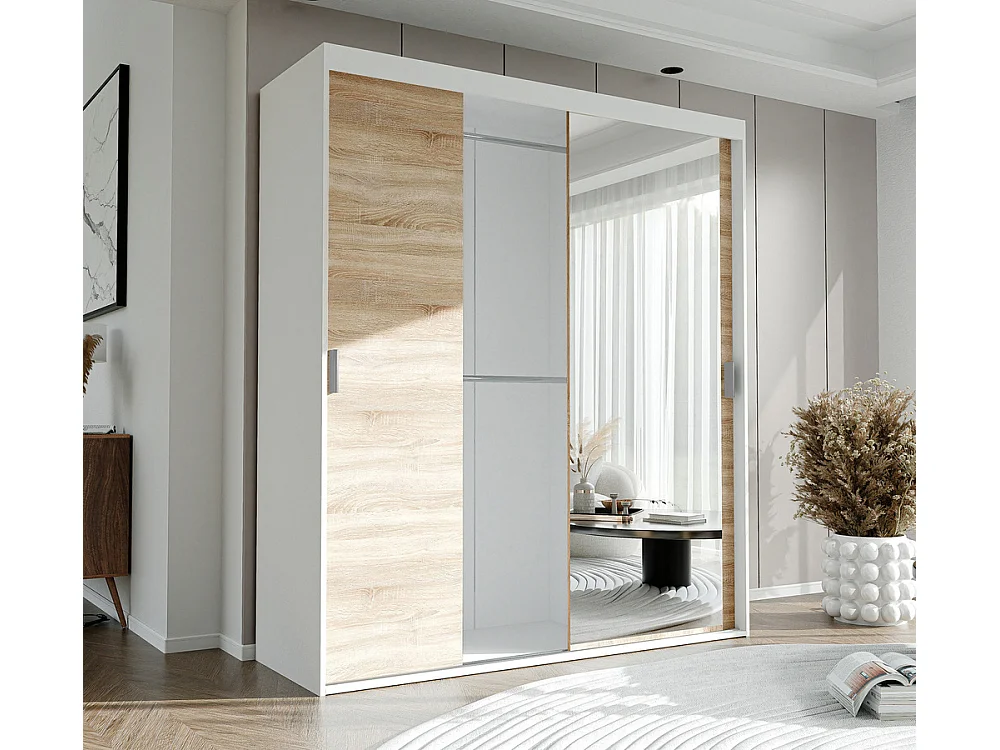 Armoire 3 portes coulissantes - Avec miroir - L180 cm - Blanc et naturel - STILO