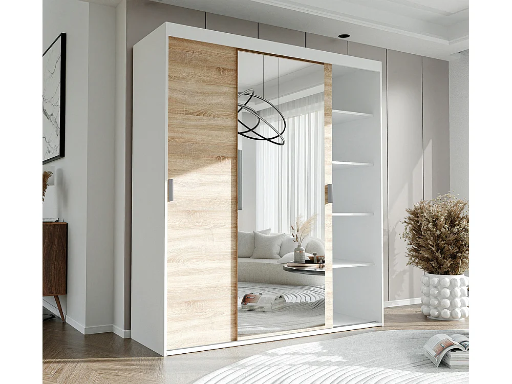 Armoire 3 portes coulissantes - Avec miroir - L180 cm - Blanc et naturel - STILO
