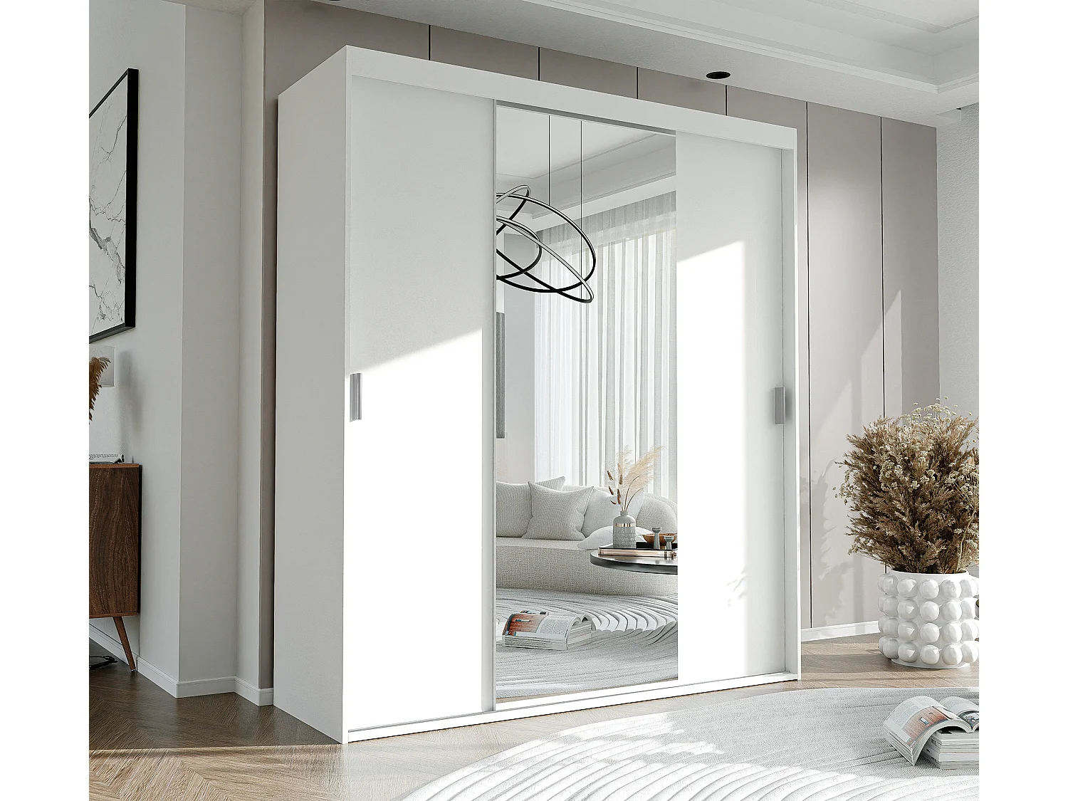 Armoire 3 portes coulissantes - Avec miroir - L180 cm - Blanc - STILO