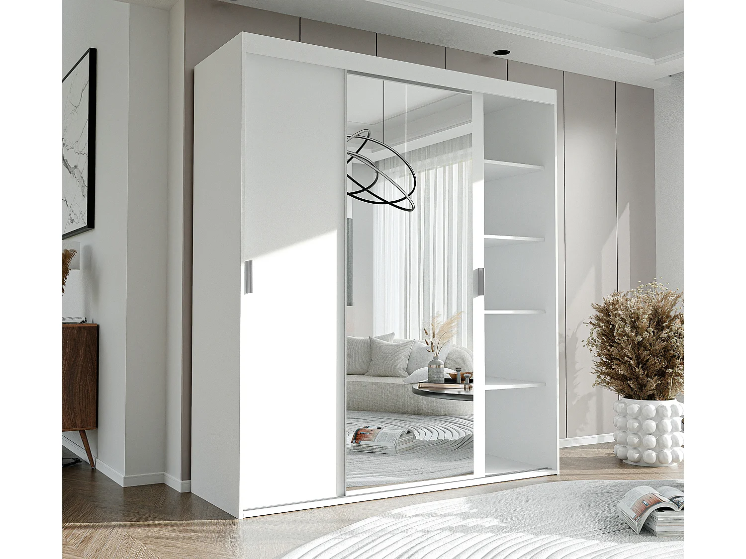 Armoire 3 portes coulissantes - Avec miroir - L180 cm - Blanc - STILO