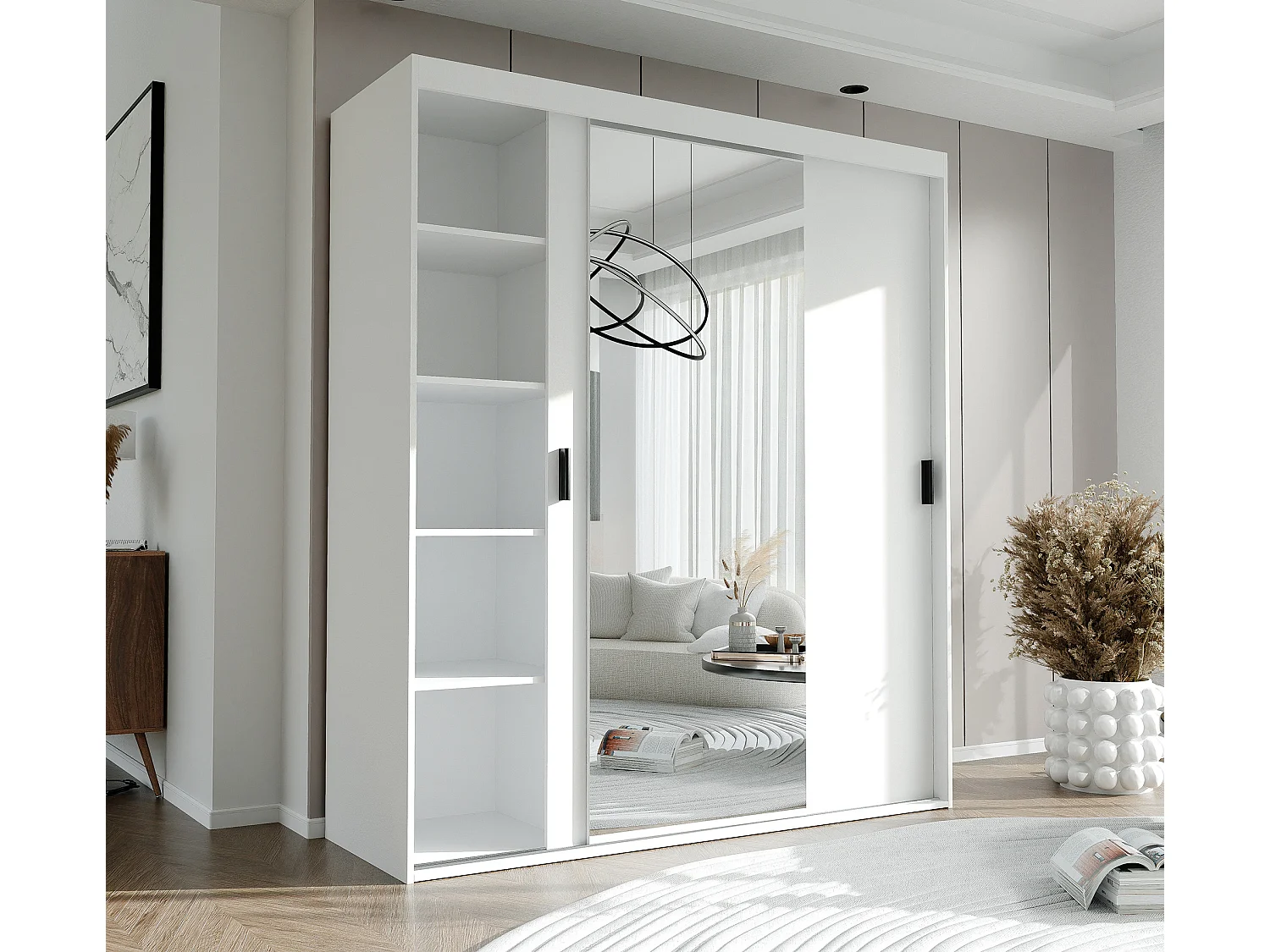 Armoire 3 portes coulissantes - Avec miroir - L180 cm - Blanc - STILO
