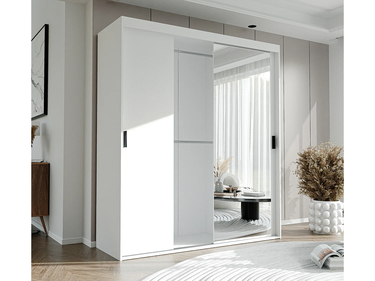 Armoire 3 portes coulissantes - Avec miroir - L180 cm - Blanc - STILO