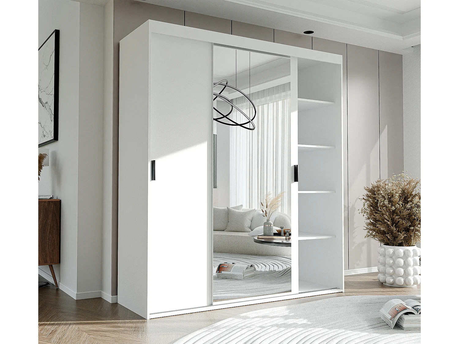 Armoire 3 portes coulissantes - Avec miroir - L180 cm - Blanc - STILO