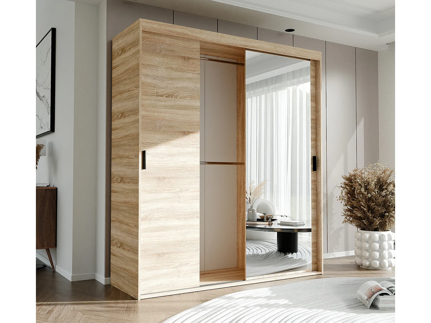 Armoire 3 portes coulissantes - Avec miroir - L180 cm - Naturel - STILO