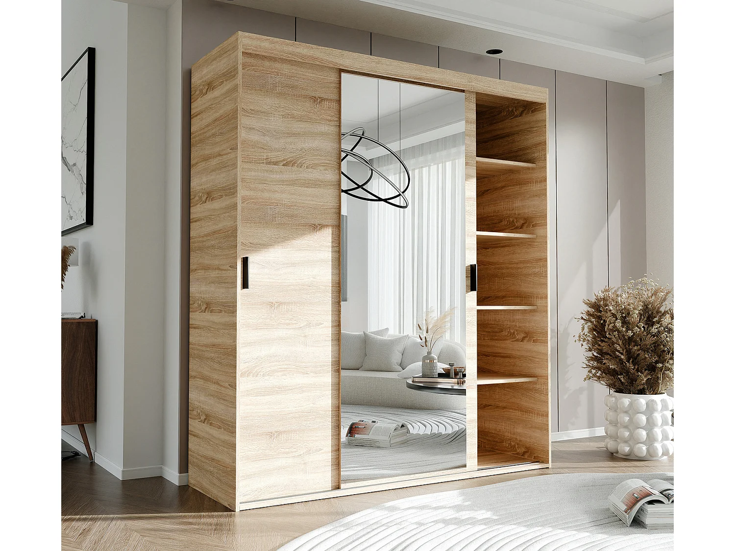 Armoire 3 portes coulissantes - Avec miroir - L180 cm - Naturel - STILO