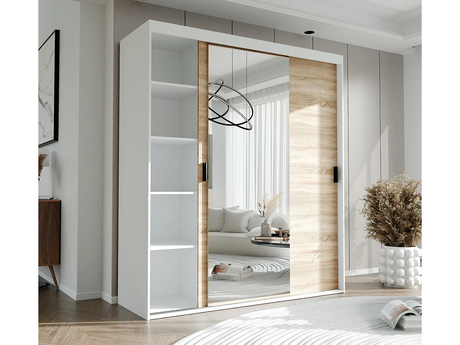 Armoire 3 portes coulissantes - Avec miroir - L180 cm - Blanc et naturel - STILO