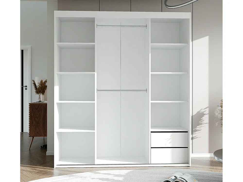Armoire 3 portes coulissantes - Avec miroir - L180 cm - Blanc et naturel - STILO