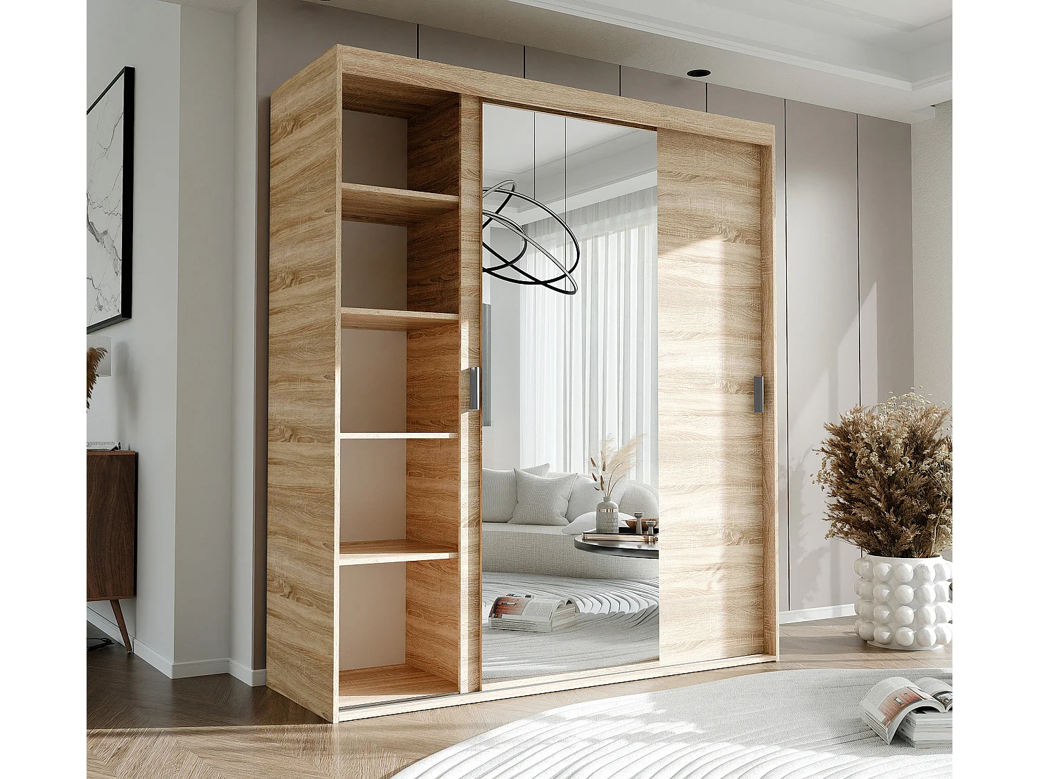 Armoire 3 portes coulissantes - Avec miroir - L180 cm - Naturel - STILO