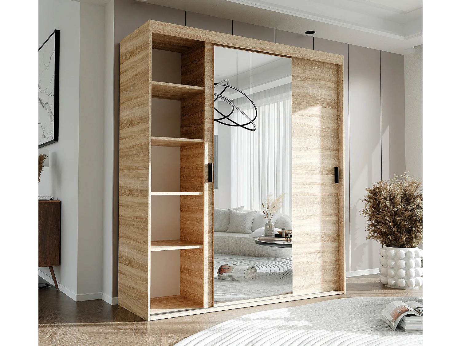 Armoire 3 portes coulissantes - Avec miroir - L180 cm - Naturel - STILO