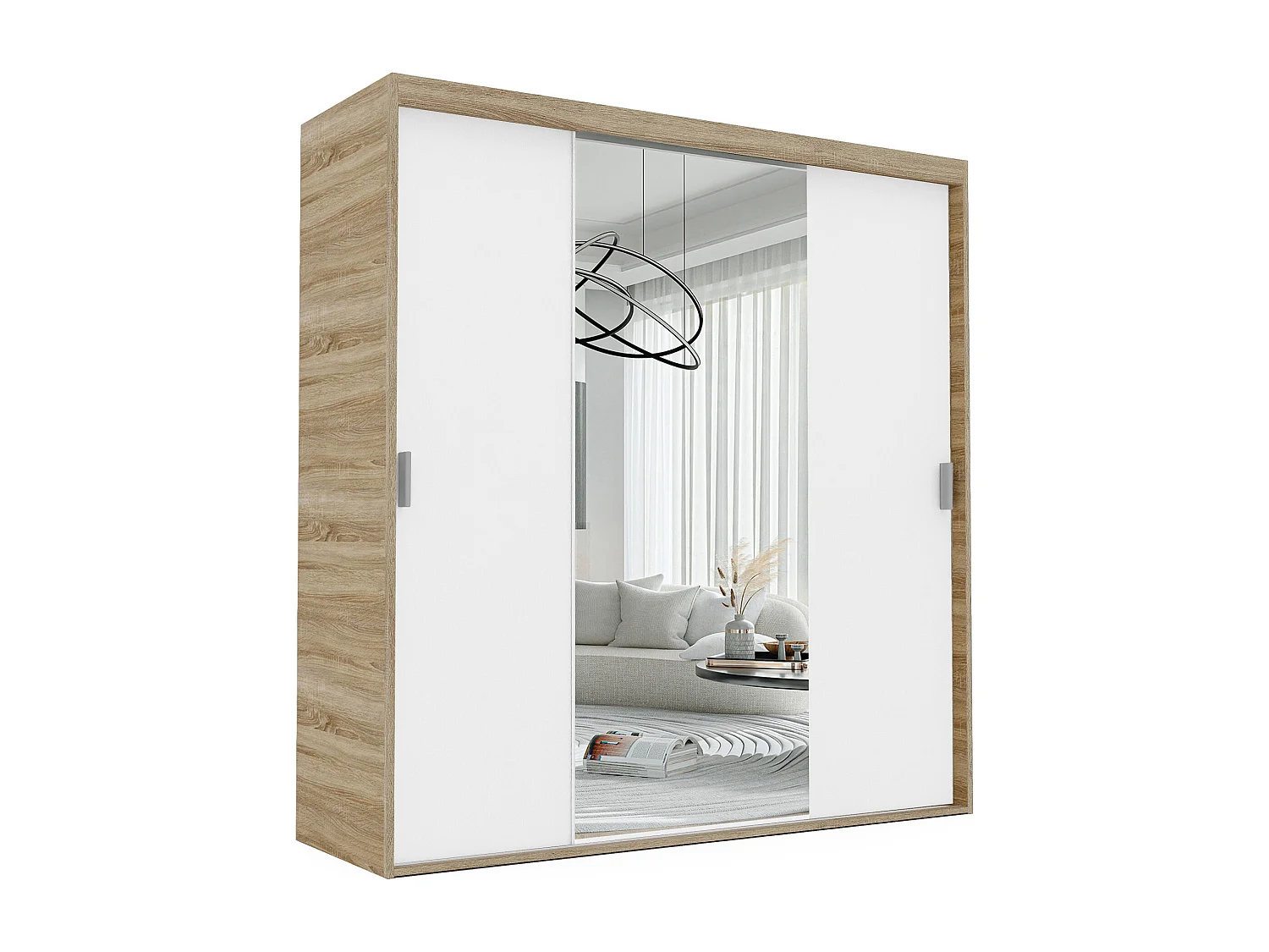 Armoire 3 portes coulissantes - Avec miroir - L180 cm - Blanc et naturel - STILO