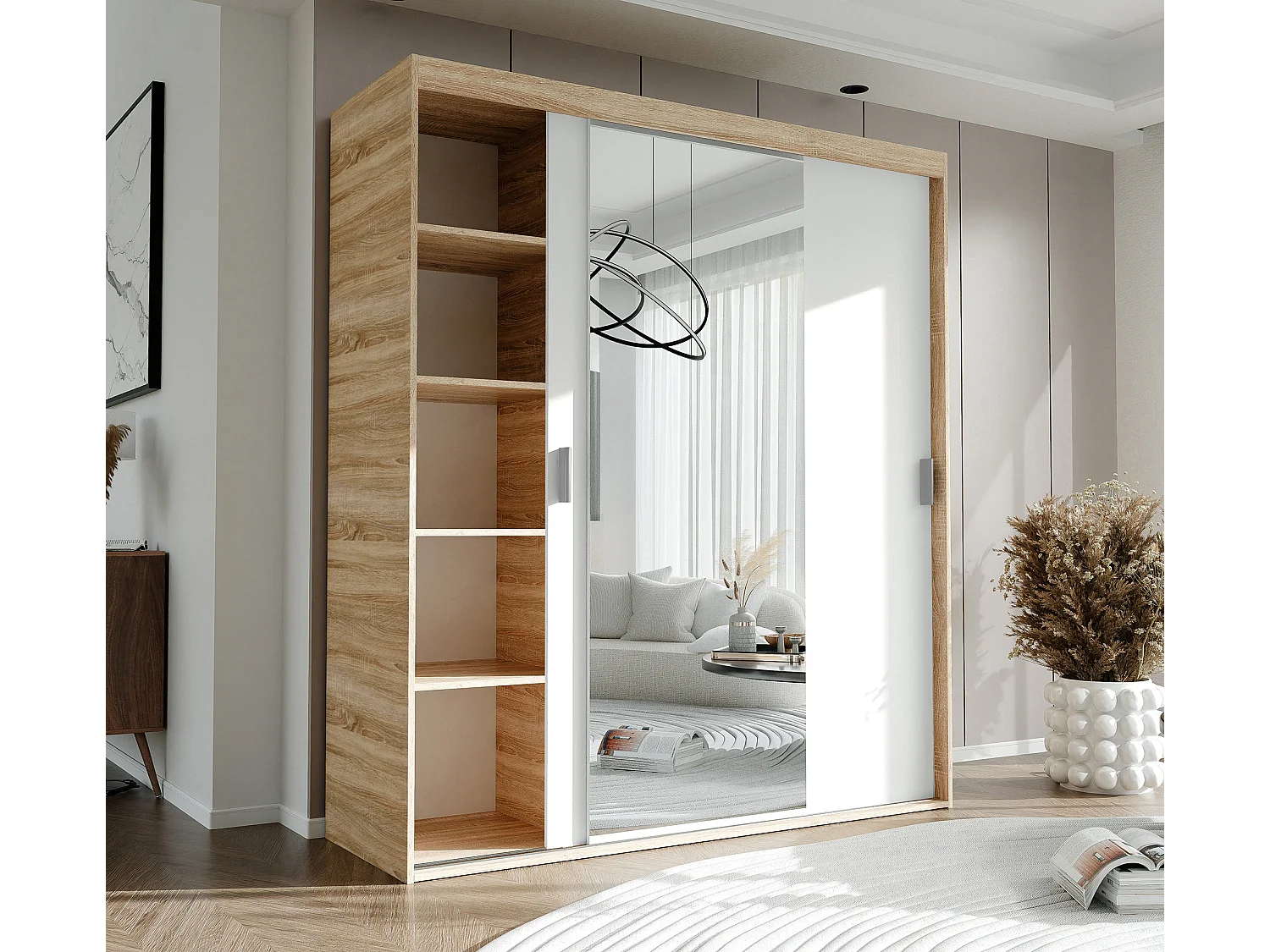 Armoire 3 portes coulissantes - Avec miroir - L180 cm - Blanc et naturel - STILO