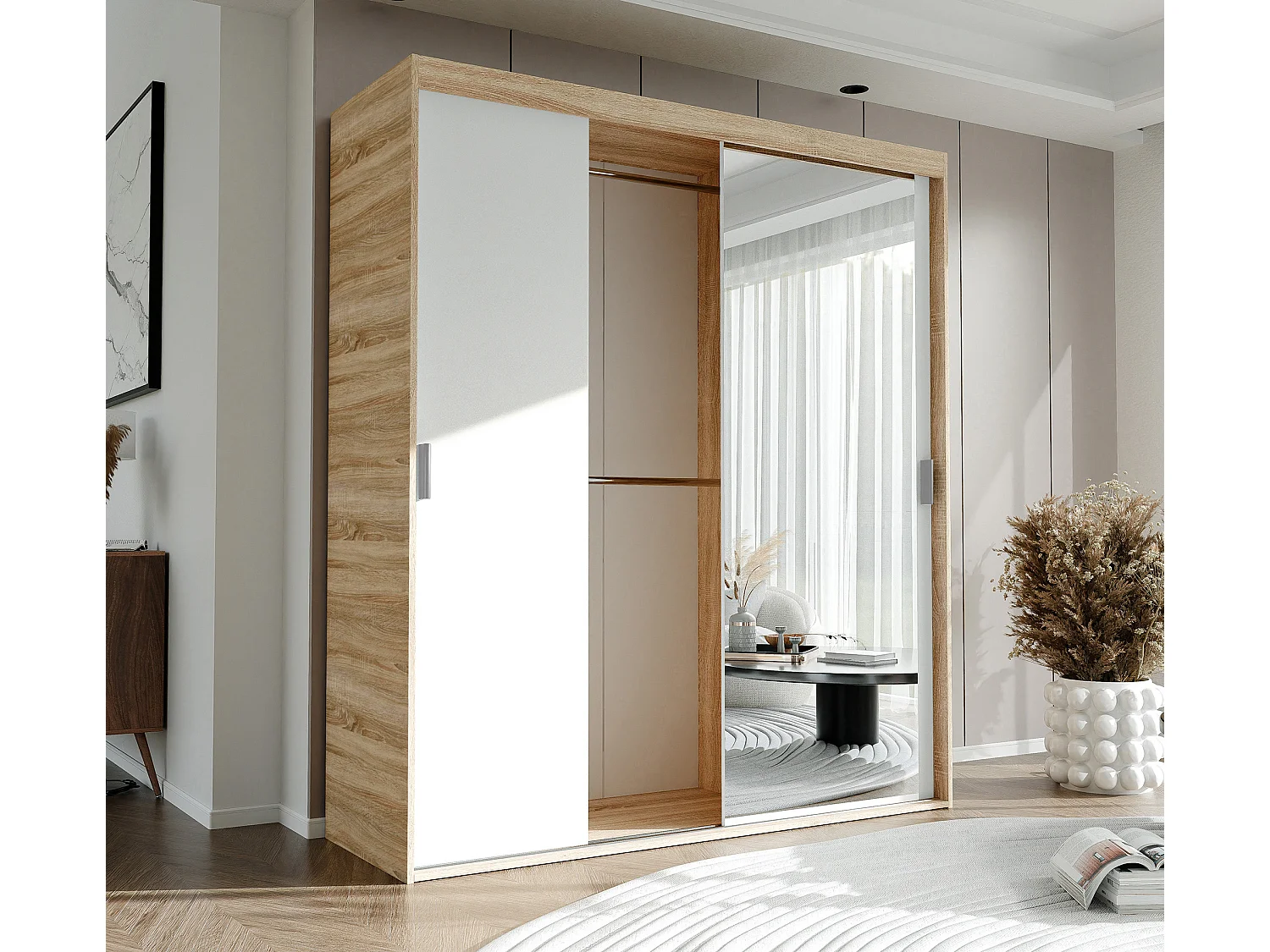 Armoire 3 portes coulissantes - Avec miroir - L180 cm - Blanc et naturel - STILO
