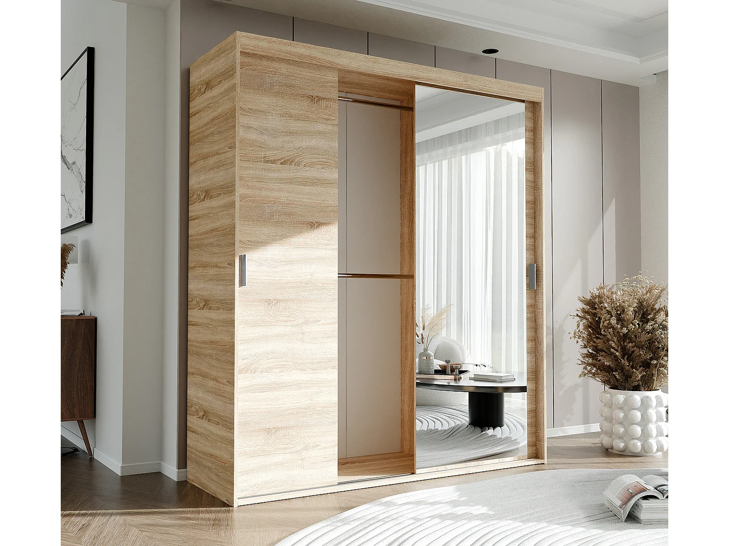 Armoire 3 portes coulissantes - Avec miroir - L180 cm - Naturel - STILO
