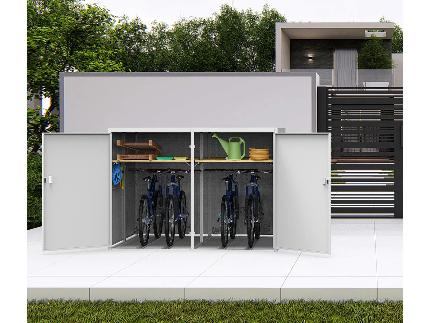 Garage per 4 biciclette MCW-L56c, rimessa con deposito, in metallo con serratura 160x222x208cm ~ grigio chiaro