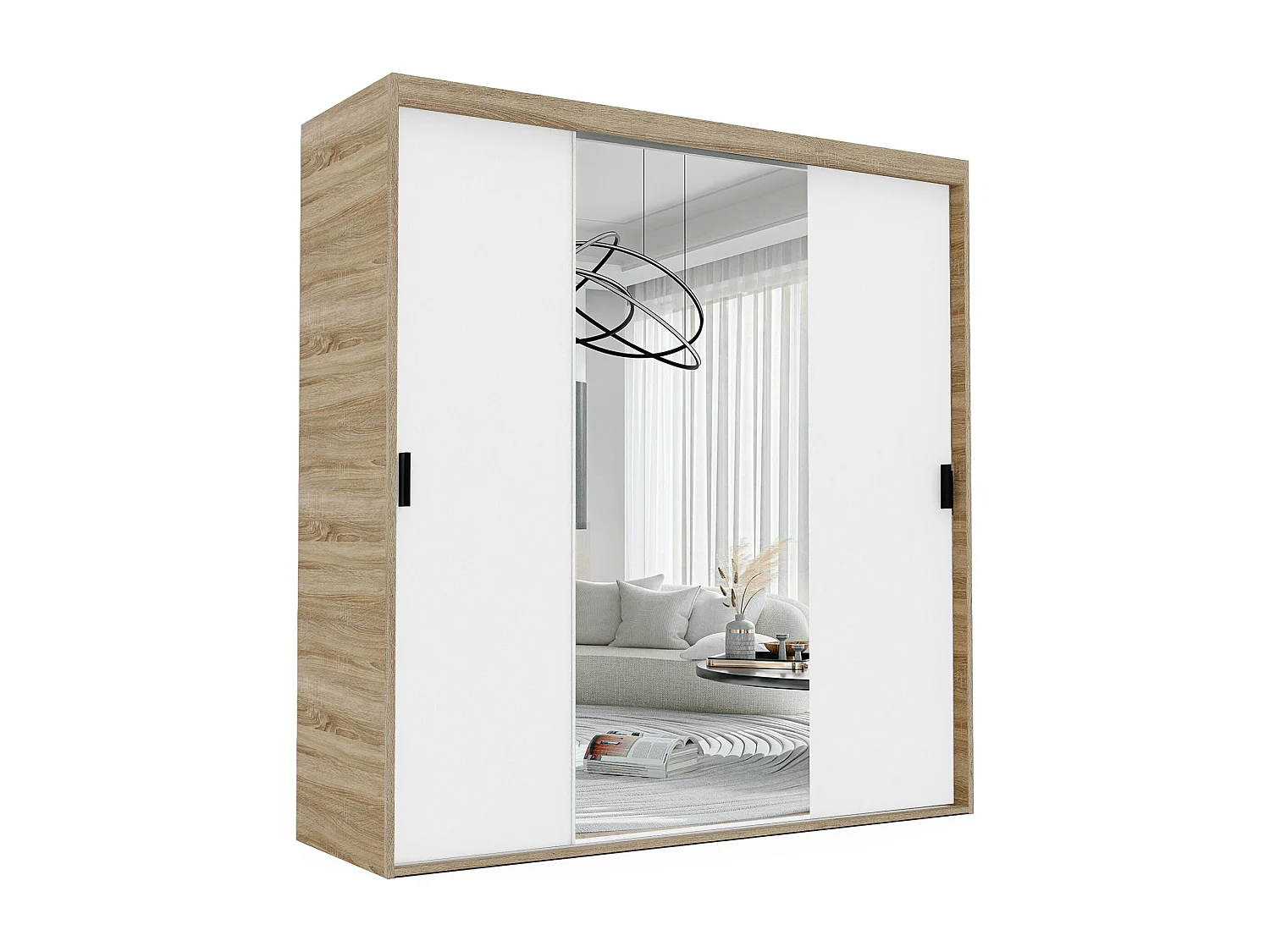 Armoire 3 portes coulissantes - Avec miroir - L180 cm - Blanc et naturel - STILO