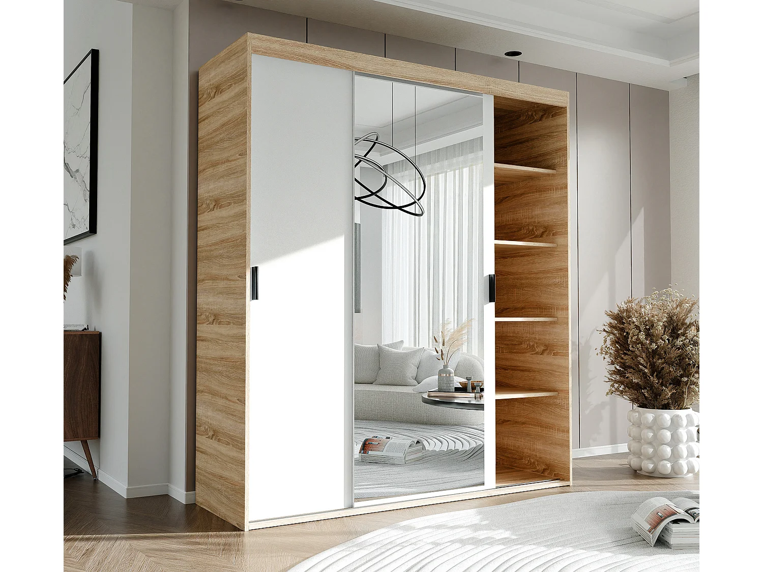 Armoire 3 portes coulissantes - Avec miroir - L180 cm - Blanc et naturel - STILO