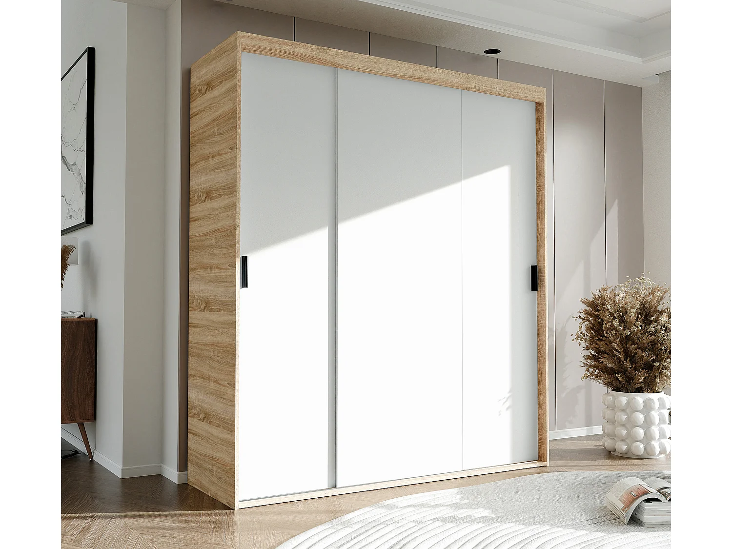 Armoire 3 portes coulissantes - L180 cm - Blanc et naturel - STILO