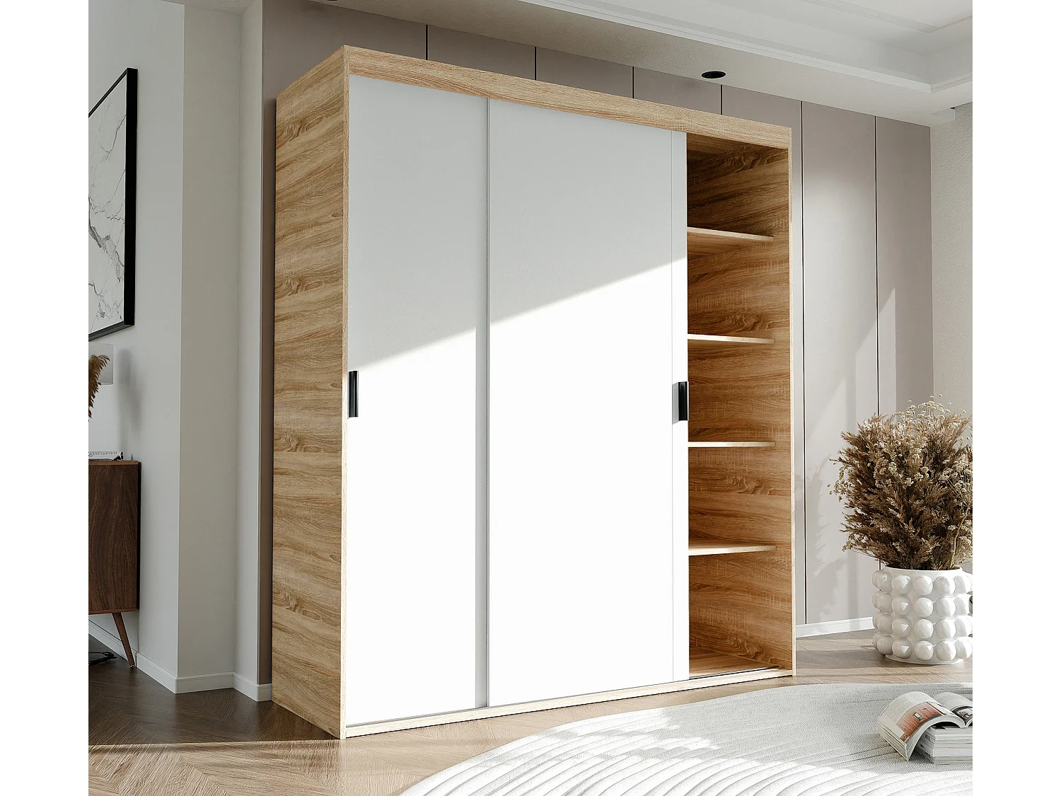 Armoire 3 portes coulissantes - L180 cm - Blanc et naturel - STILO