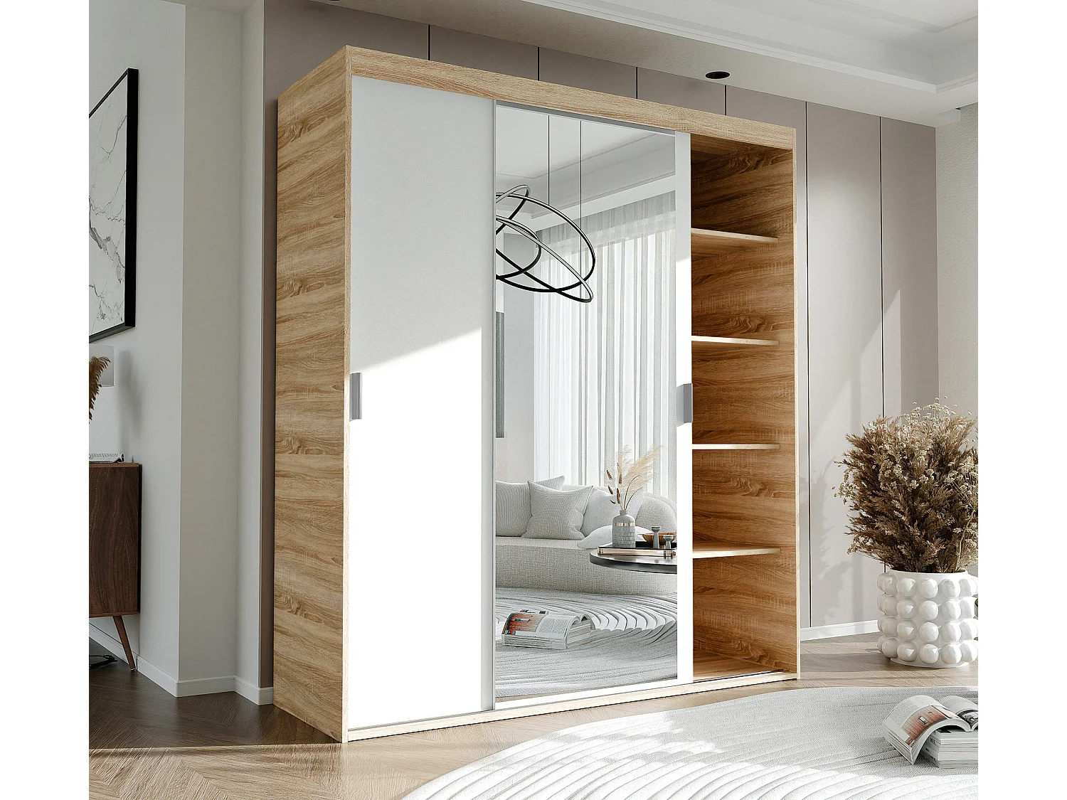 Armoire 3 portes coulissantes - Avec miroir - L180 cm - Blanc et naturel - STILO