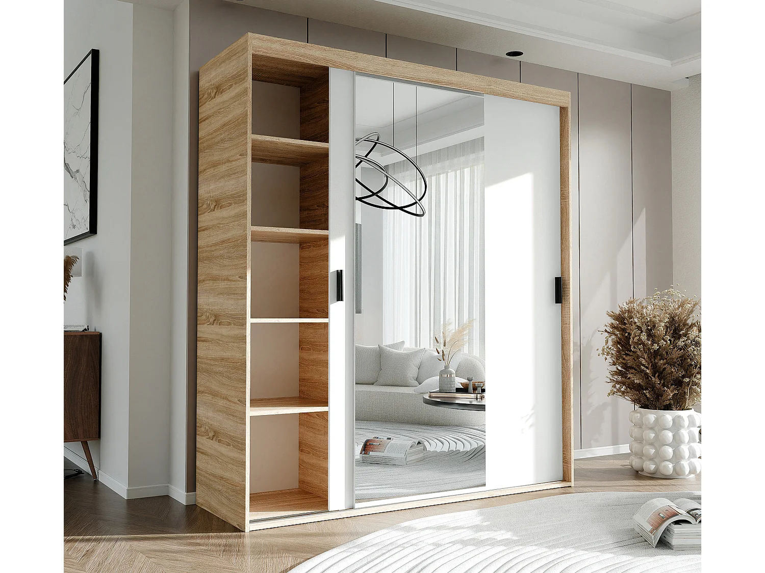 Armoire 3 portes coulissantes - Avec miroir - L180 cm - Blanc et naturel - STILO