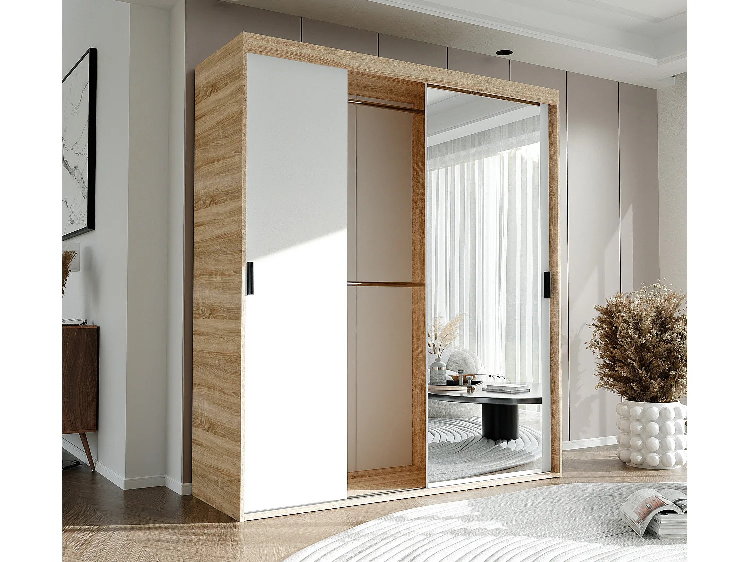 Armoire 3 portes coulissantes - Avec miroir - L180 cm - Blanc et naturel - STILO