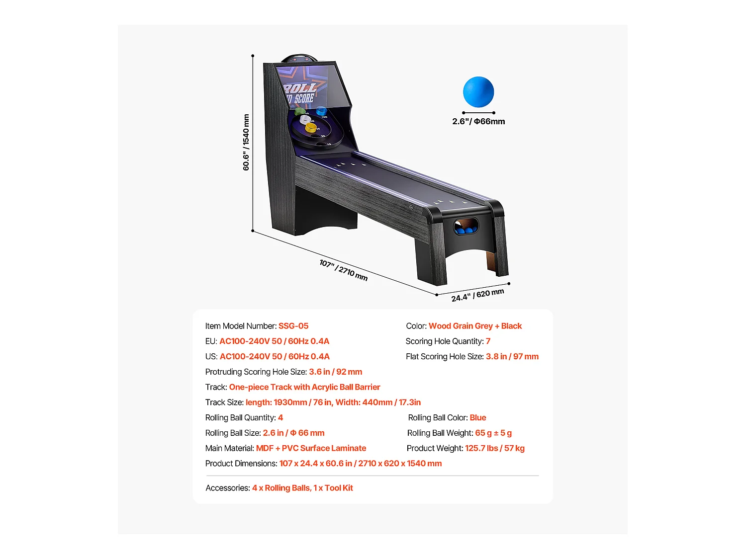 Machine de Skeeball SucceBuy 274cm Lancer et Marquer Table de Jeu d'Arcade Scorer Électronique Salle de Jeux 4 Balles