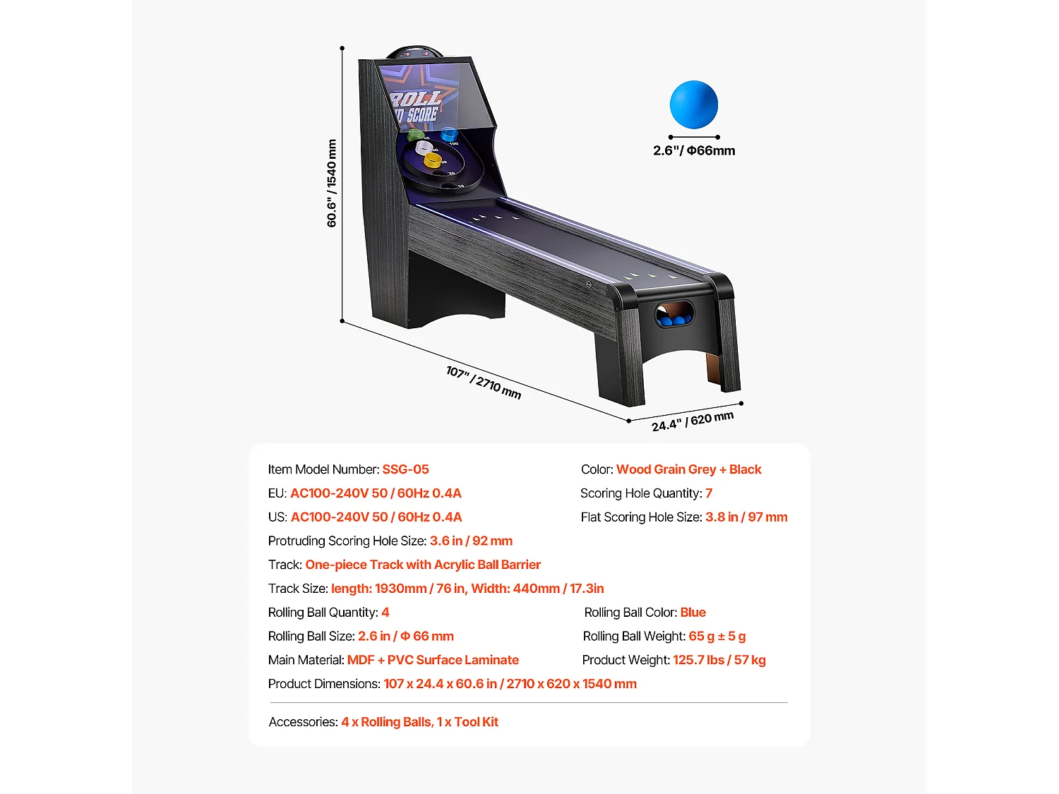 Machine de Skeeball SucceBuy 274cm Lancer et Marquer Table de Jeu d'Arcade Scorer Électronique Salle de Jeux 4 Balles