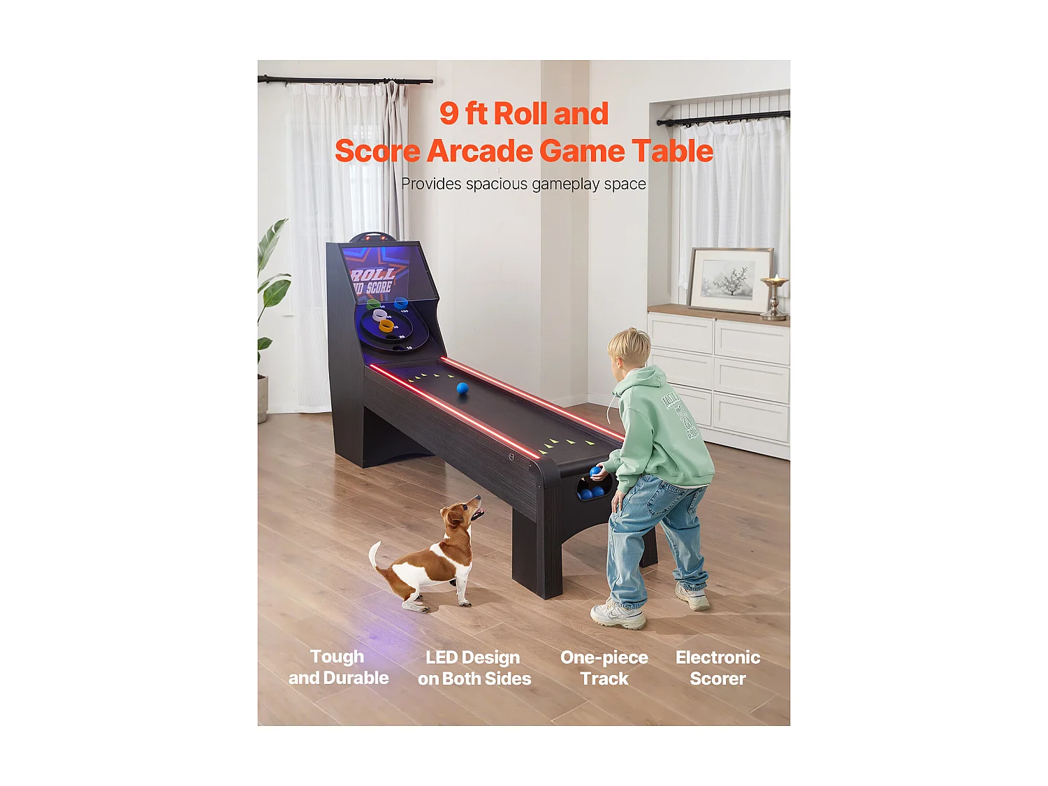 Machine de Skeeball SucceBuy 274cm Lancer et Marquer Table de Jeu d'Arcade Scorer Électronique Salle de Jeux 4 Balles