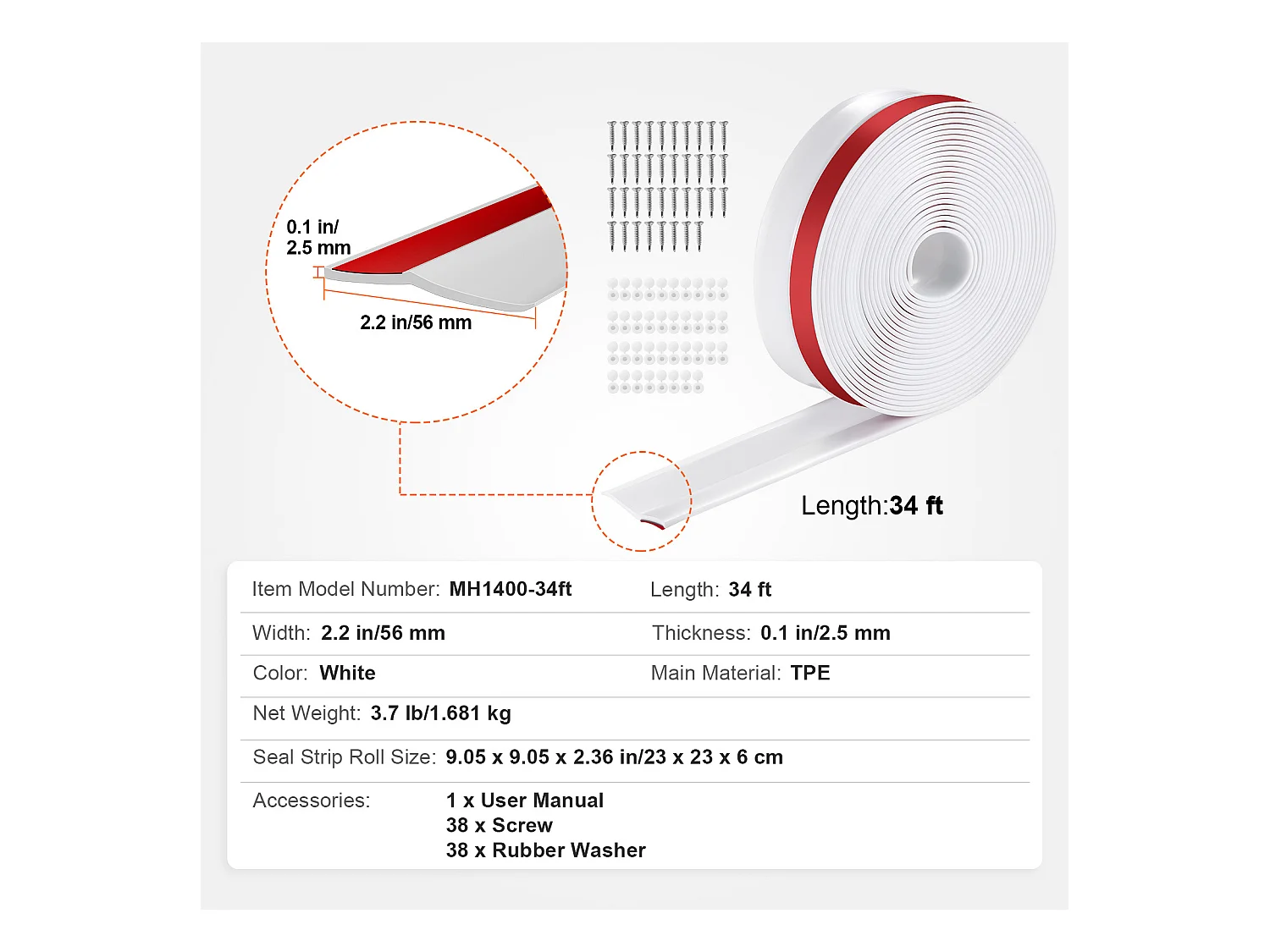 Bande d'Étanchéité SucceBuy pour Porte de Garage de 1036cm, Imperméabilisation Universelle, Composite TPE Souple et Rigide, Adhésif et Vis, Blanc