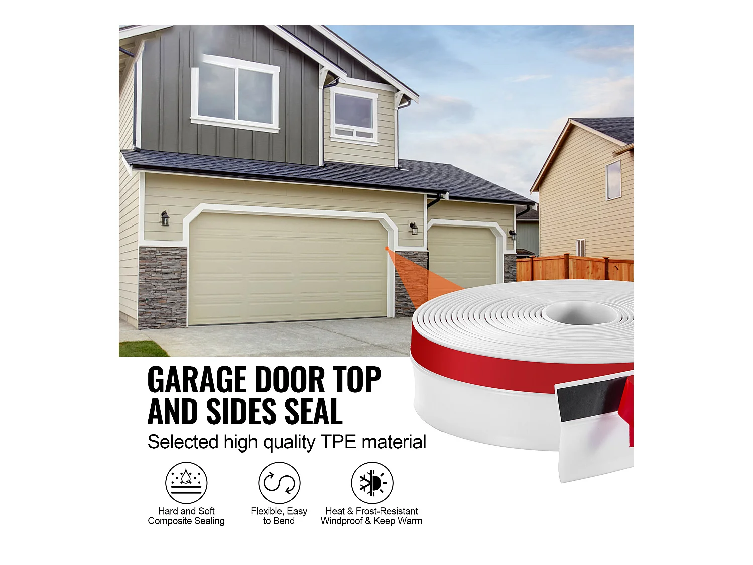 Bande d'Étanchéité SucceBuy pour Porte de Garage de 1036cm, Imperméabilisation Universelle, Composite TPE Souple et Rigide, Adhésif et Vis, Blanc