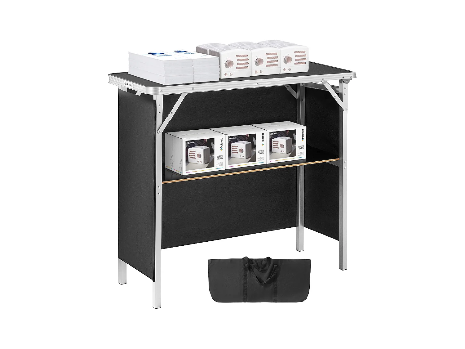 Table de Podium pour Salon Professionnel SucceBuy, 97 x 38 cm, Comptoir d'Exposition Pliable avec Support de Rangement et Sac de Transport