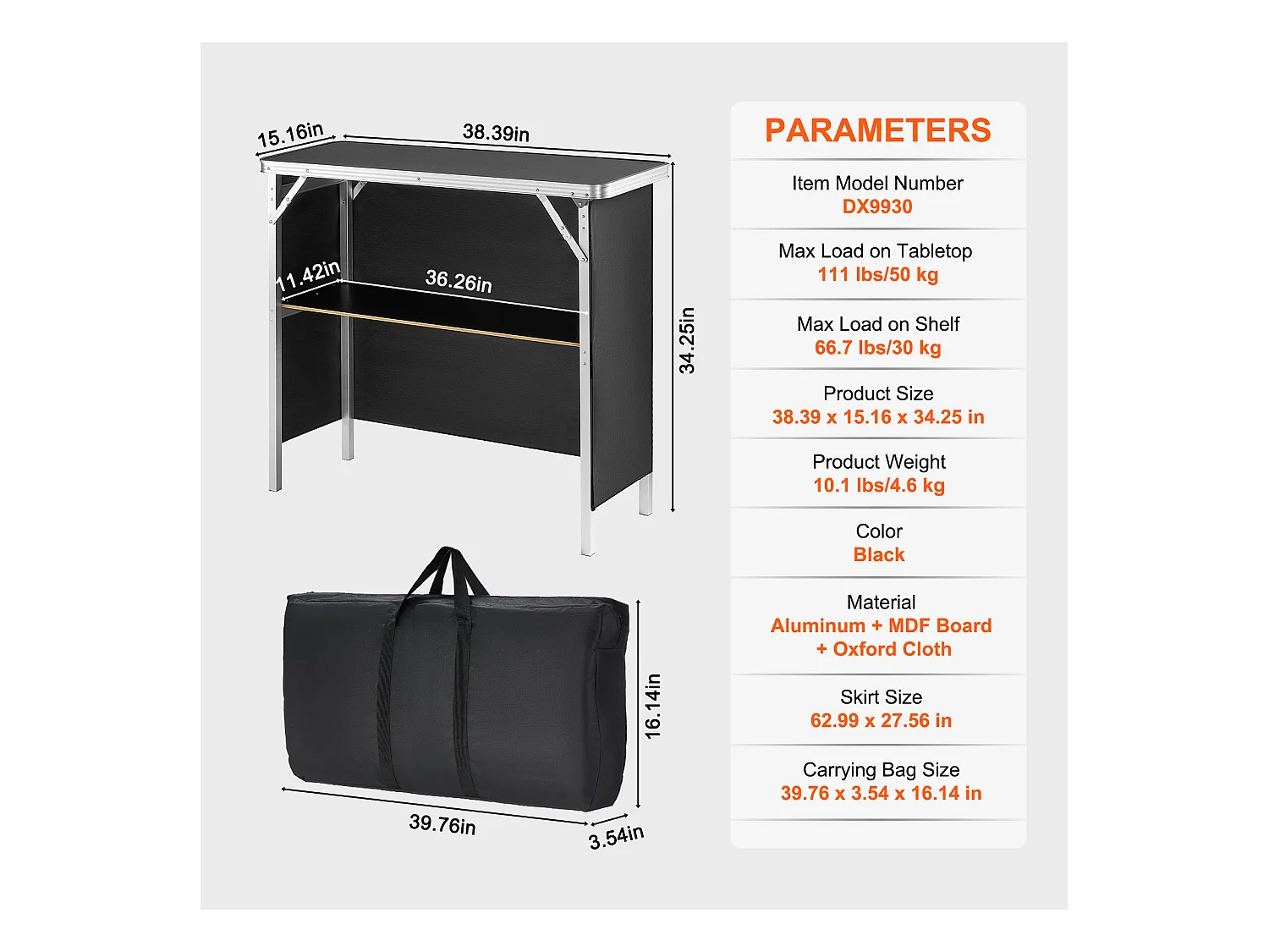 Table de Podium pour Salon Professionnel SucceBuy, 97 x 38 cm, Comptoir d'Exposition Pliable avec Support de Rangement et Sac de Transport