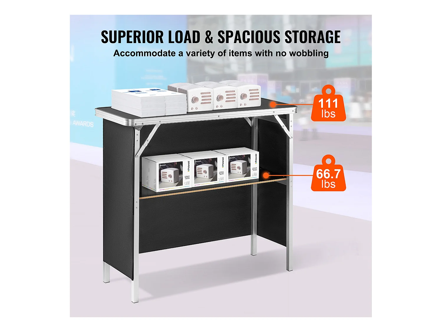 Table de Podium pour Salon Professionnel SucceBuy, 97 x 38 cm, Comptoir d'Exposition Pliable avec Support de Rangement et Sac de Transport