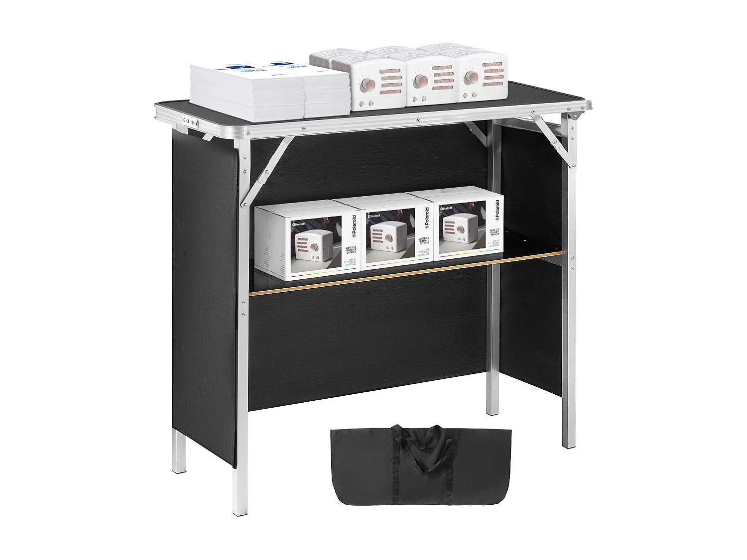 Table de Podium pour Salon Professionnel SucceBuy, 97 x 38 cm, Comptoir d'Exposition Pliable avec Support de Rangement et Sac de Transport