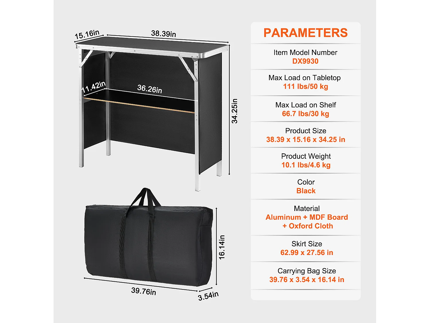 Table de Podium pour Salon Professionnel SucceBuy, 97 x 38 cm, Comptoir d'Exposition Pliable avec Support de Rangement et Sac de Transport