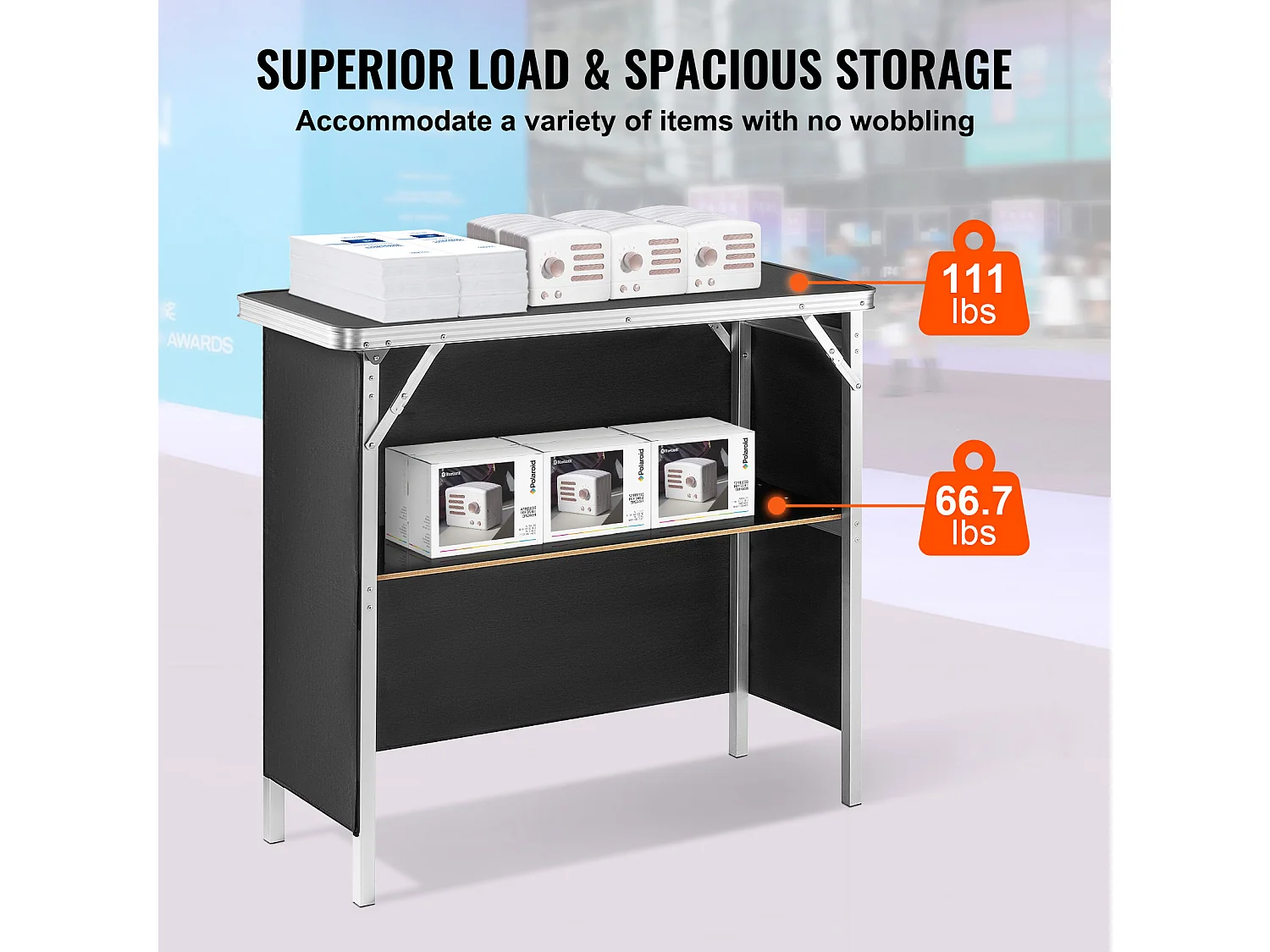 Table de Podium pour Salon Professionnel SucceBuy, 97 x 38 cm, Comptoir d'Exposition Pliable avec Support de Rangement et Sac de Transport
