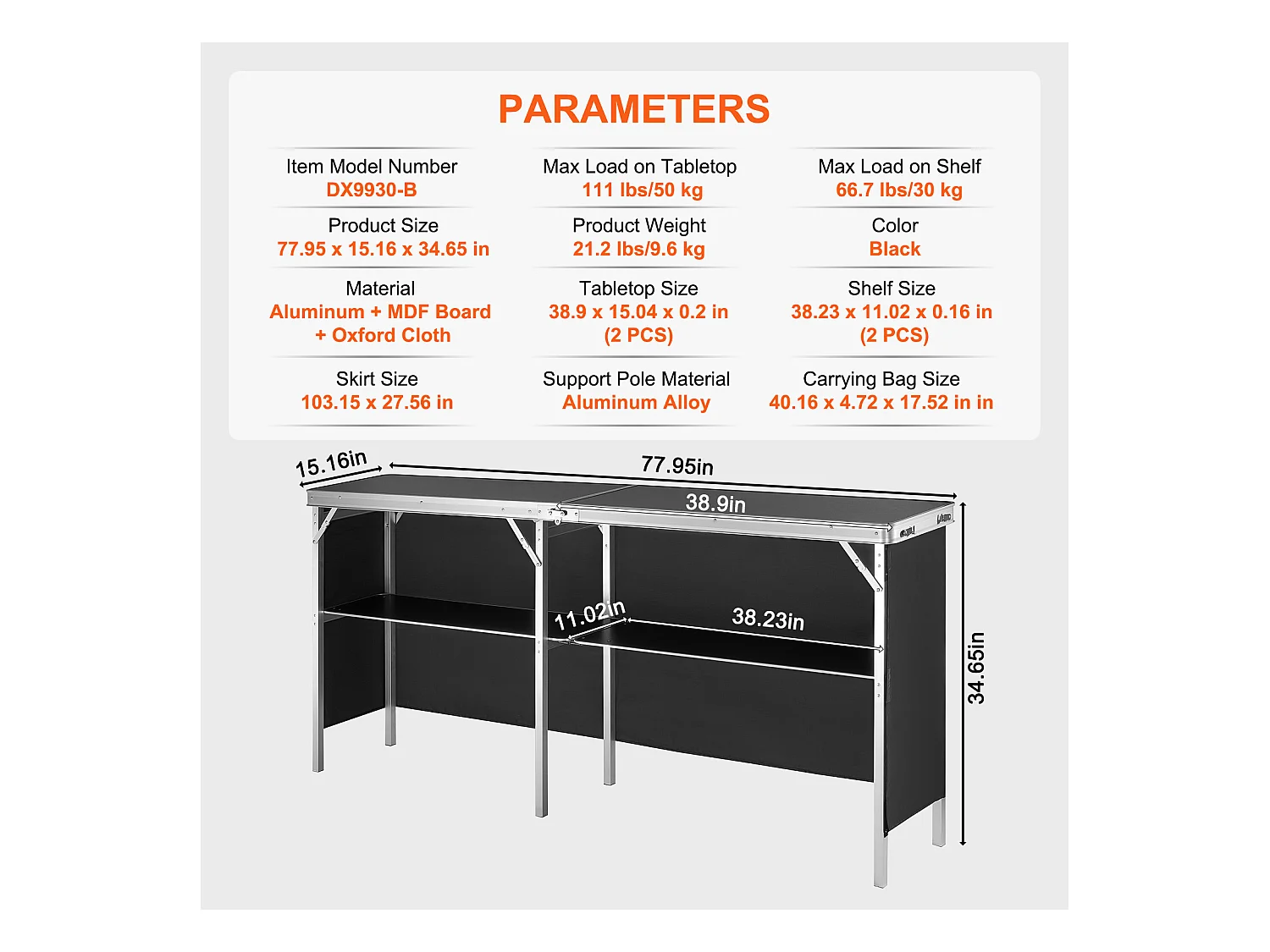 Table de Podium SucceBuy pour Salon Professionnel, 197,5 x 38,5 cm, Comptoir d'Exposition Pliable avec Support de Rangement et Sac de Transport