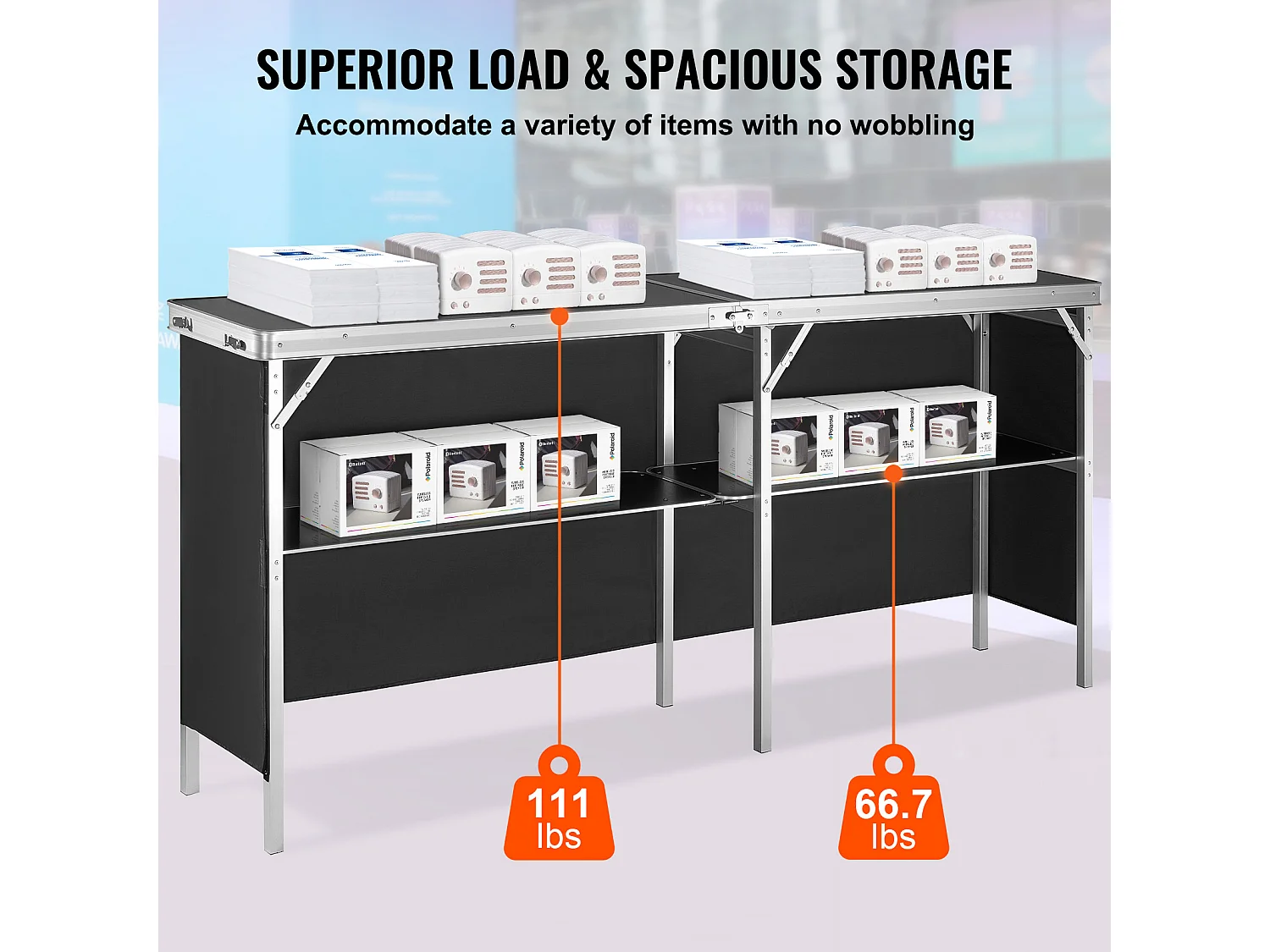 Table de Podium SucceBuy pour Salon Professionnel, 197,5 x 38,5 cm, Comptoir d'Exposition Pliable avec Support de Rangement et Sac de Transport