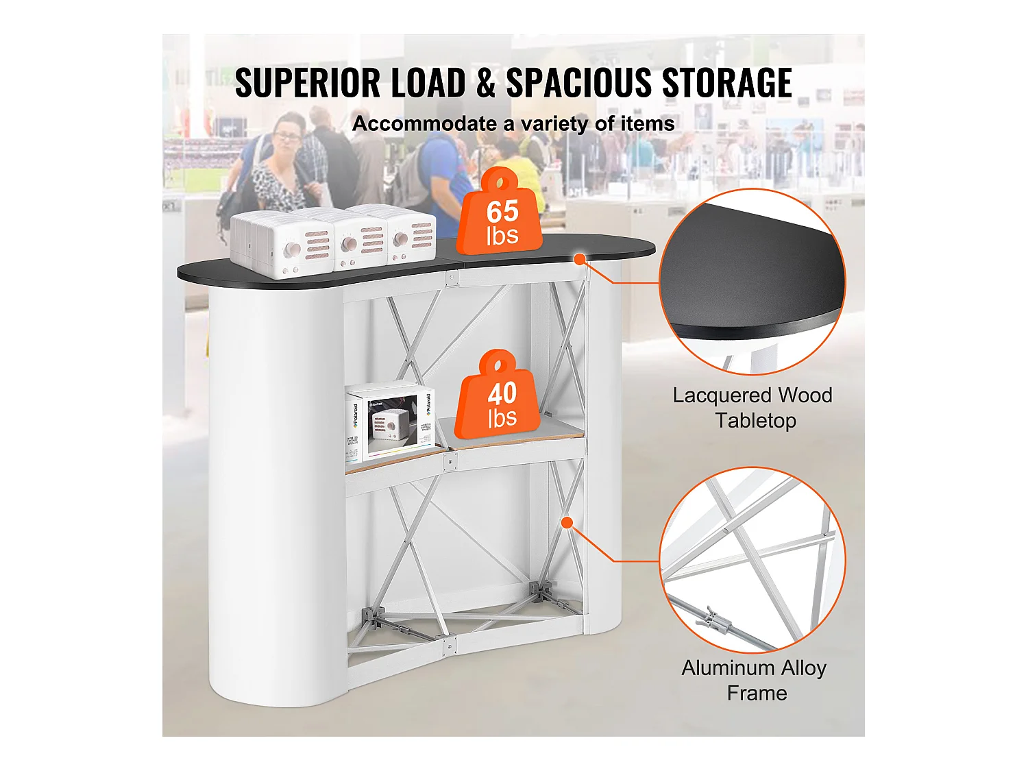Tavolo da Presentazione per Salone Professionale SucceBuy 130CM x 46.5CM x 95CM, Supporto Bancone Espositivo Pieghevole con Supporto di Archiviazione