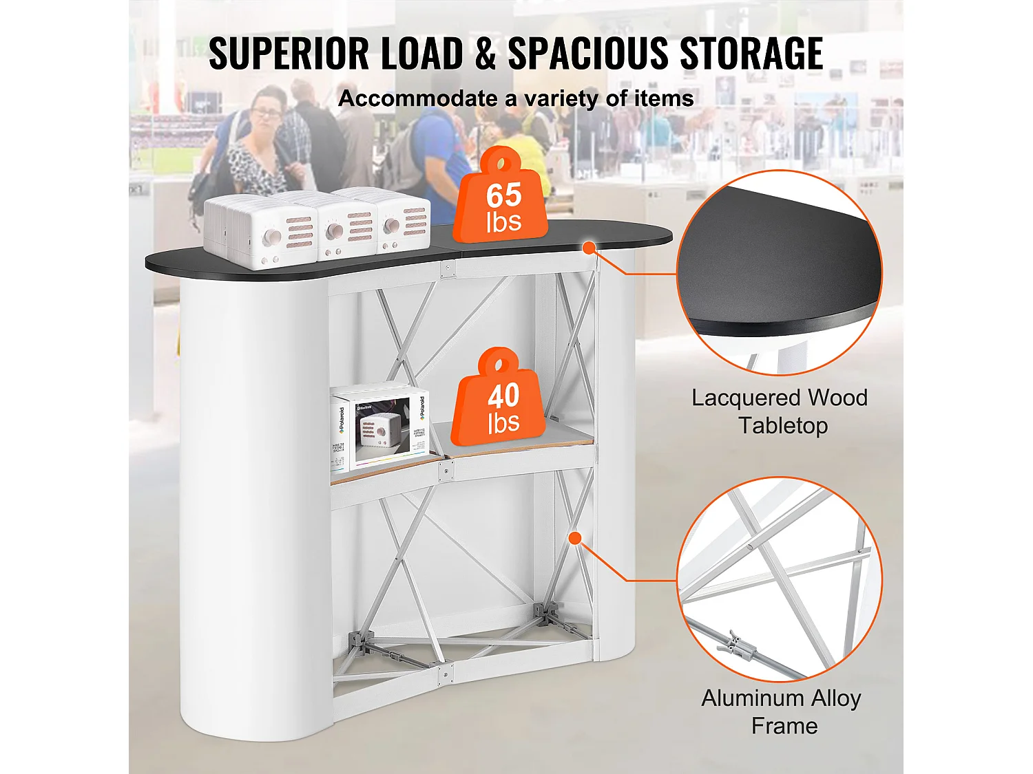 Table de Présentation pour Salon Professionnel SucceBuy 130CM x 46.5CM x 95CM, Support de Comptoir d'Exposition Pliable avec Support de Rangement