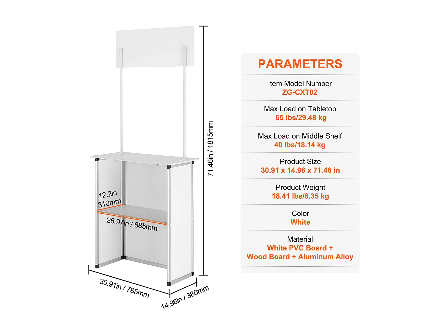 Table de Présentation SucceBuy, pour Salon Professionnel 78.5CM x 38CM x 181.5CM, Comptoir d'Exposition Pliable avec Mur, Table de Bar de Promotion au Détail