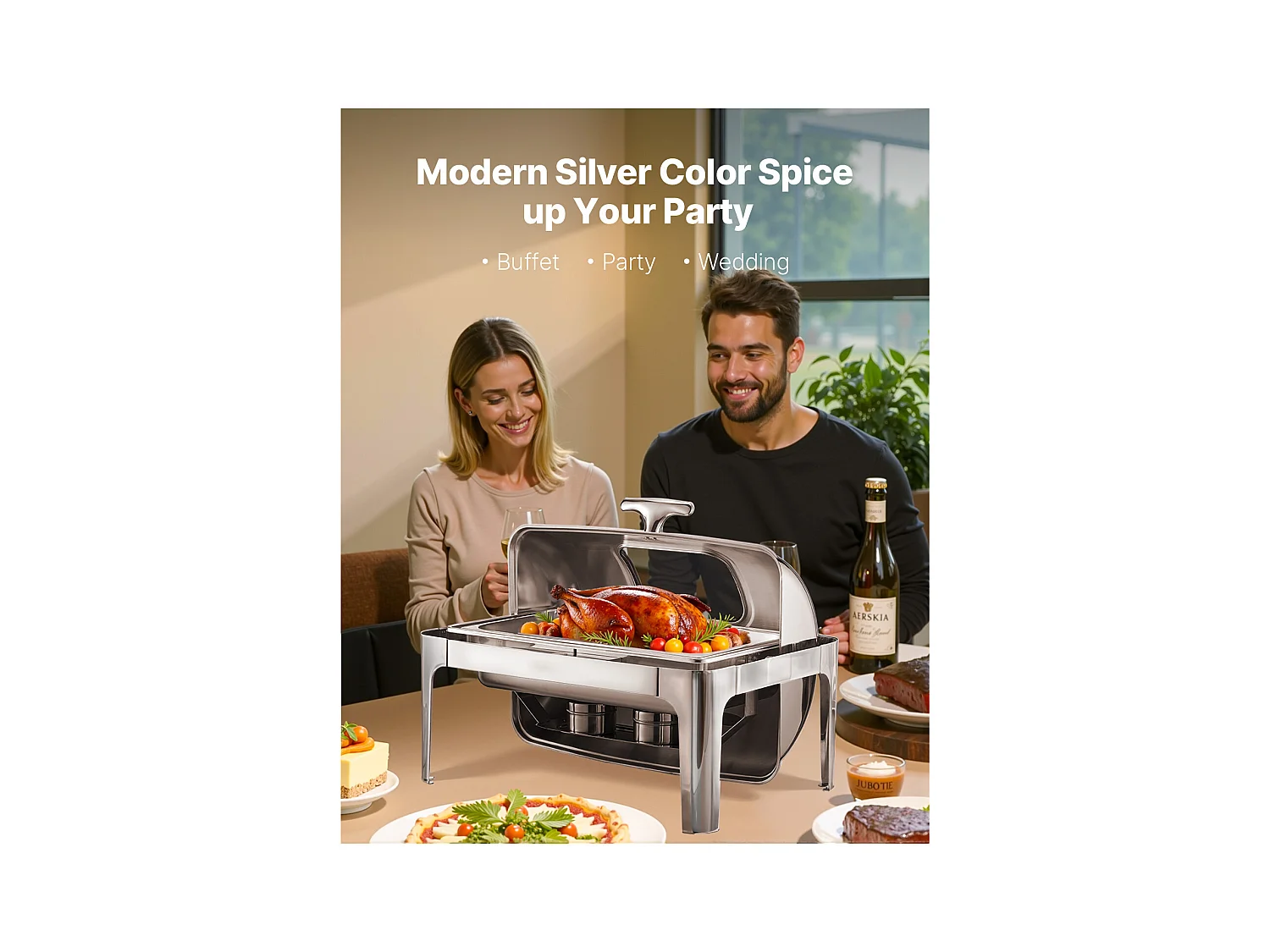 Chauffe-Plats SucceBuy Ensemble de Réchauds Rectangulaires 8.5 L avec Couvercle Enroulable, en Acier Inoxydable, avec 2 Demi-Casseroles