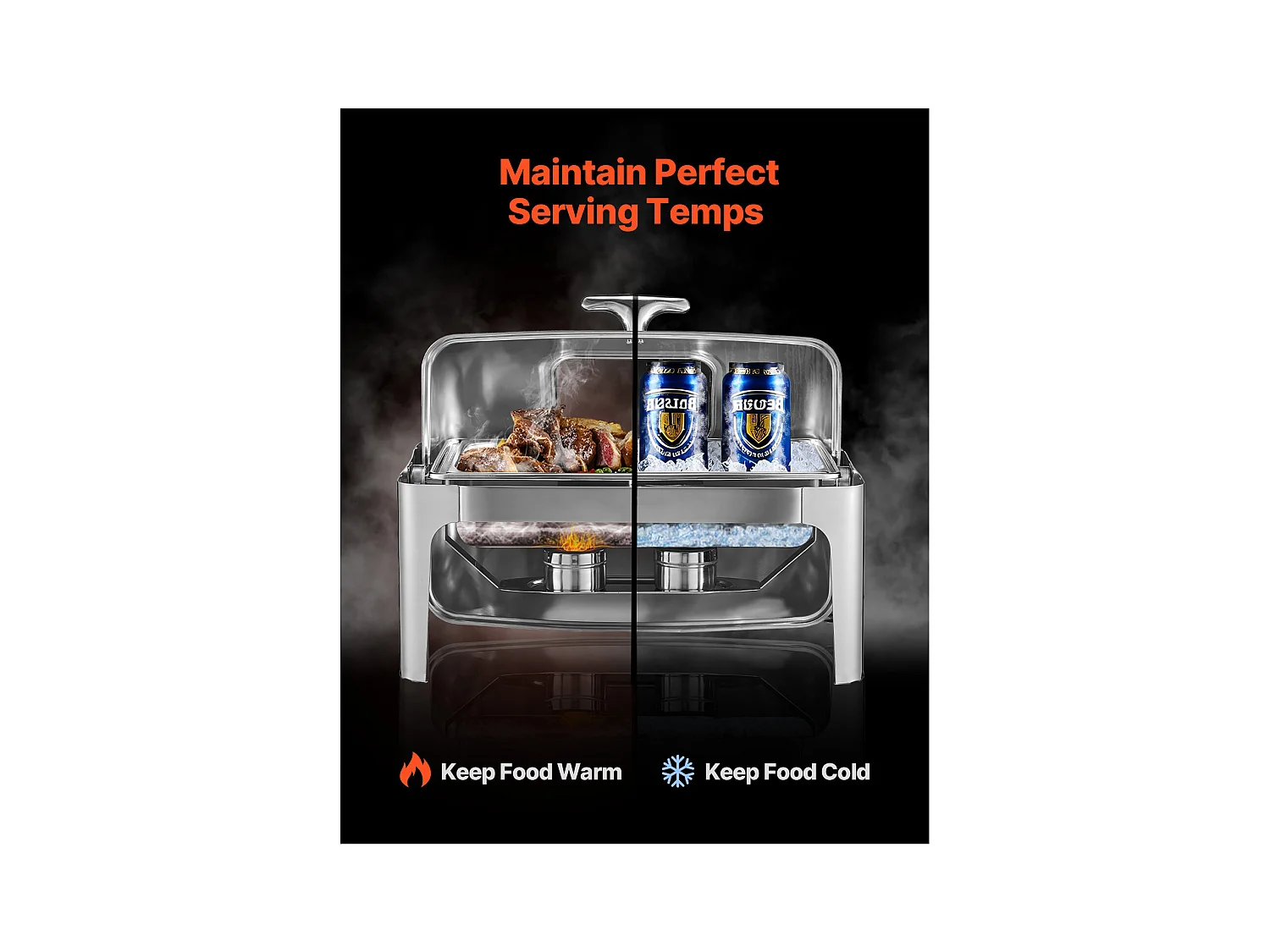 Chauffe-Plats SucceBuy Ensemble de Réchauds Rectangulaires 8.5 L avec Couvercle Enroulable, en Acier Inoxydable, avec 2 Demi-Casseroles