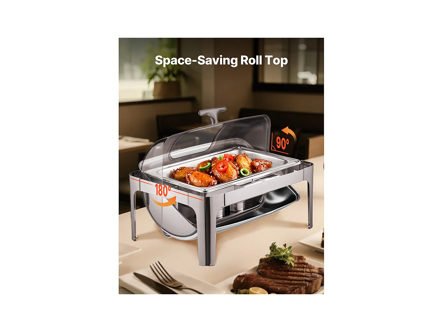 Chauffe-Plats SucceBuy Ensemble de Réchauds Rectangulaires 8.5 L avec Couvercle Enroulable, en Acier Inoxydable, avec 2 Demi-Casseroles