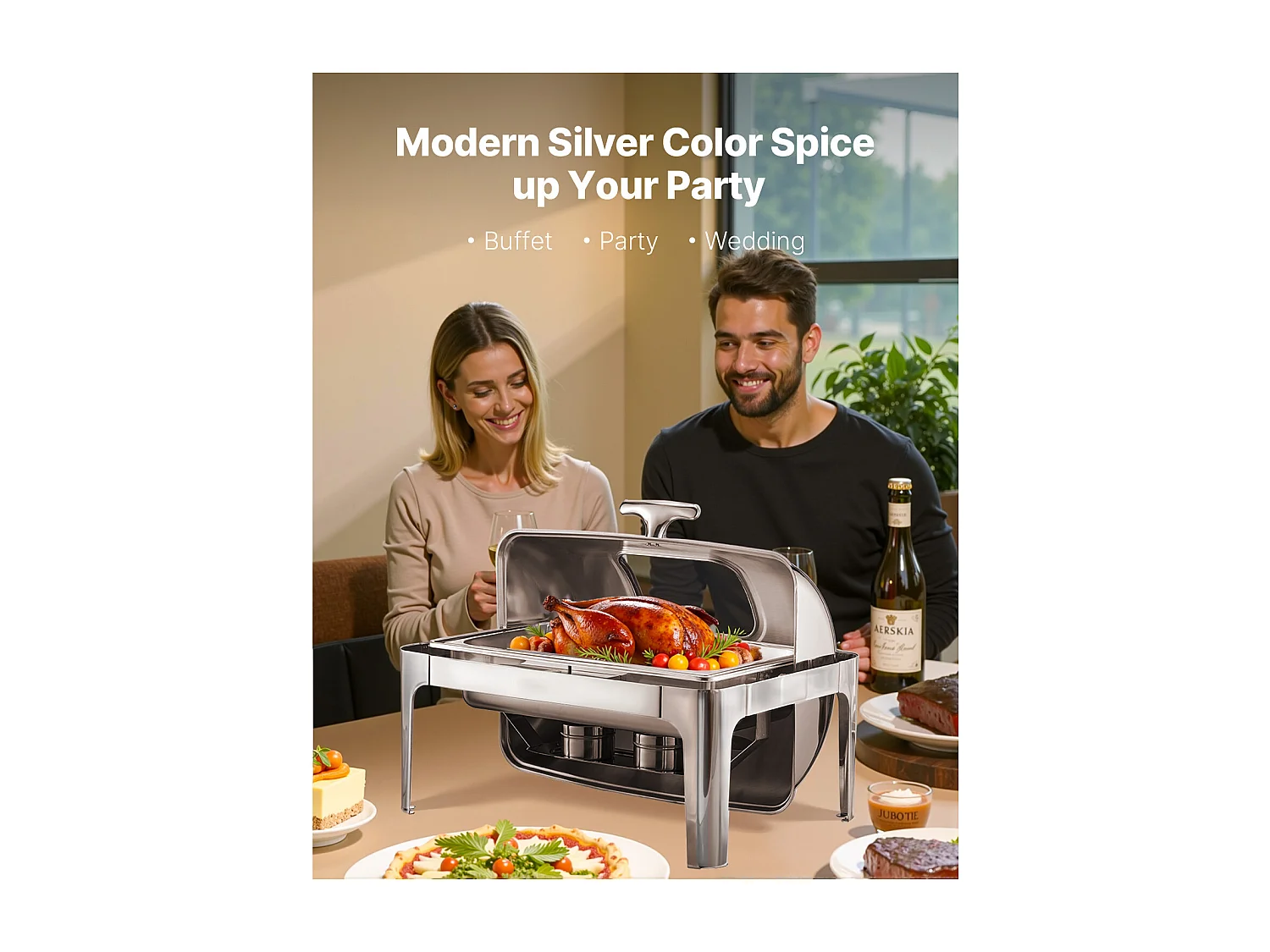 Voedselverwarmers SucceBuy Set van 8.5 L Roestvrijstalen Rechthoekige Chafing Dish met Oproldeksel en 2 Pannen van Halve Grootte