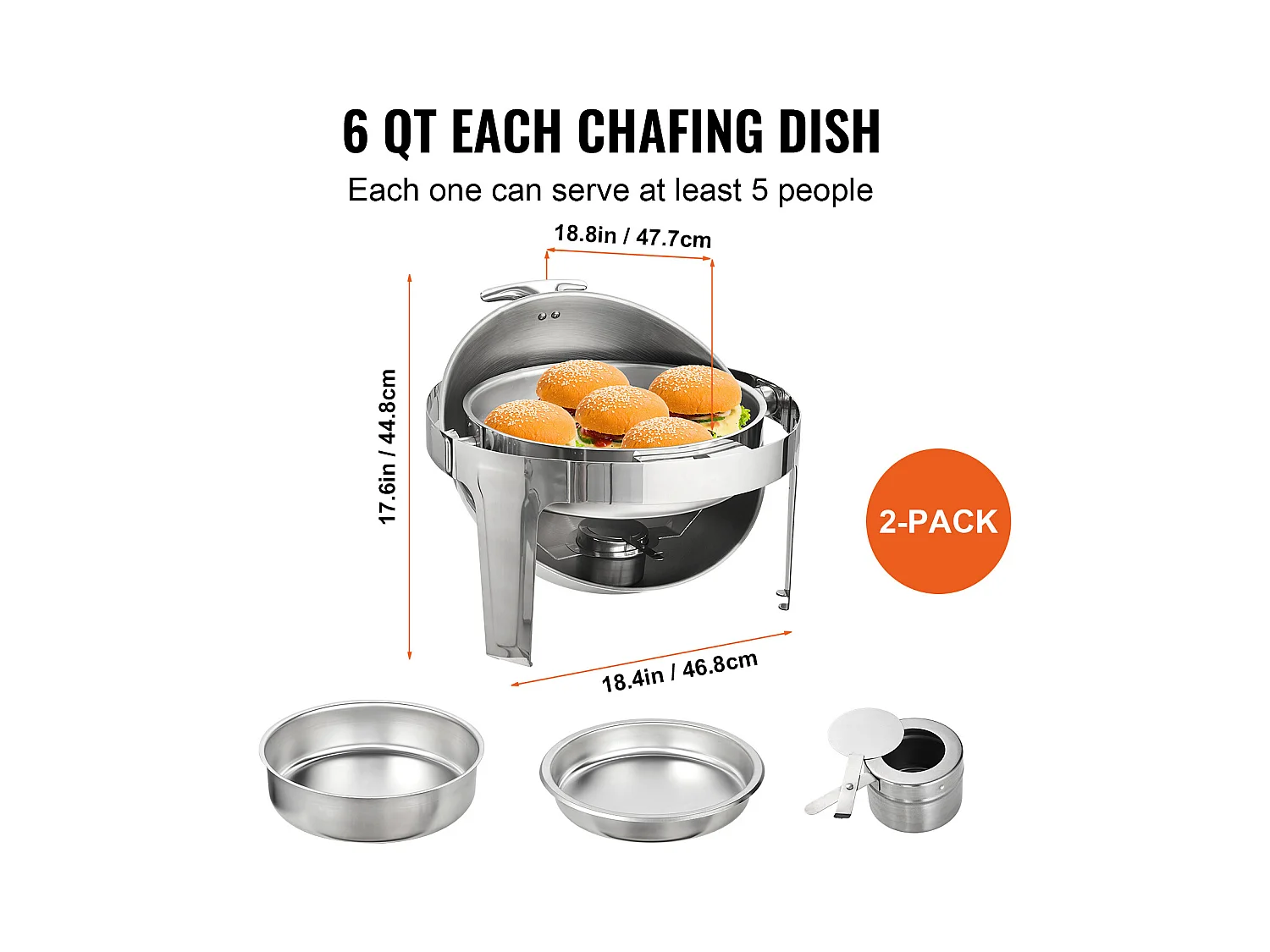 Chauffe-Plats SucceBuy Lot de 2 Plats à Réchaud Ronds avec Couvercle en Acier Inoxydable, Casserole de Taille Standard de 5.5 Litres, Support de Combustible