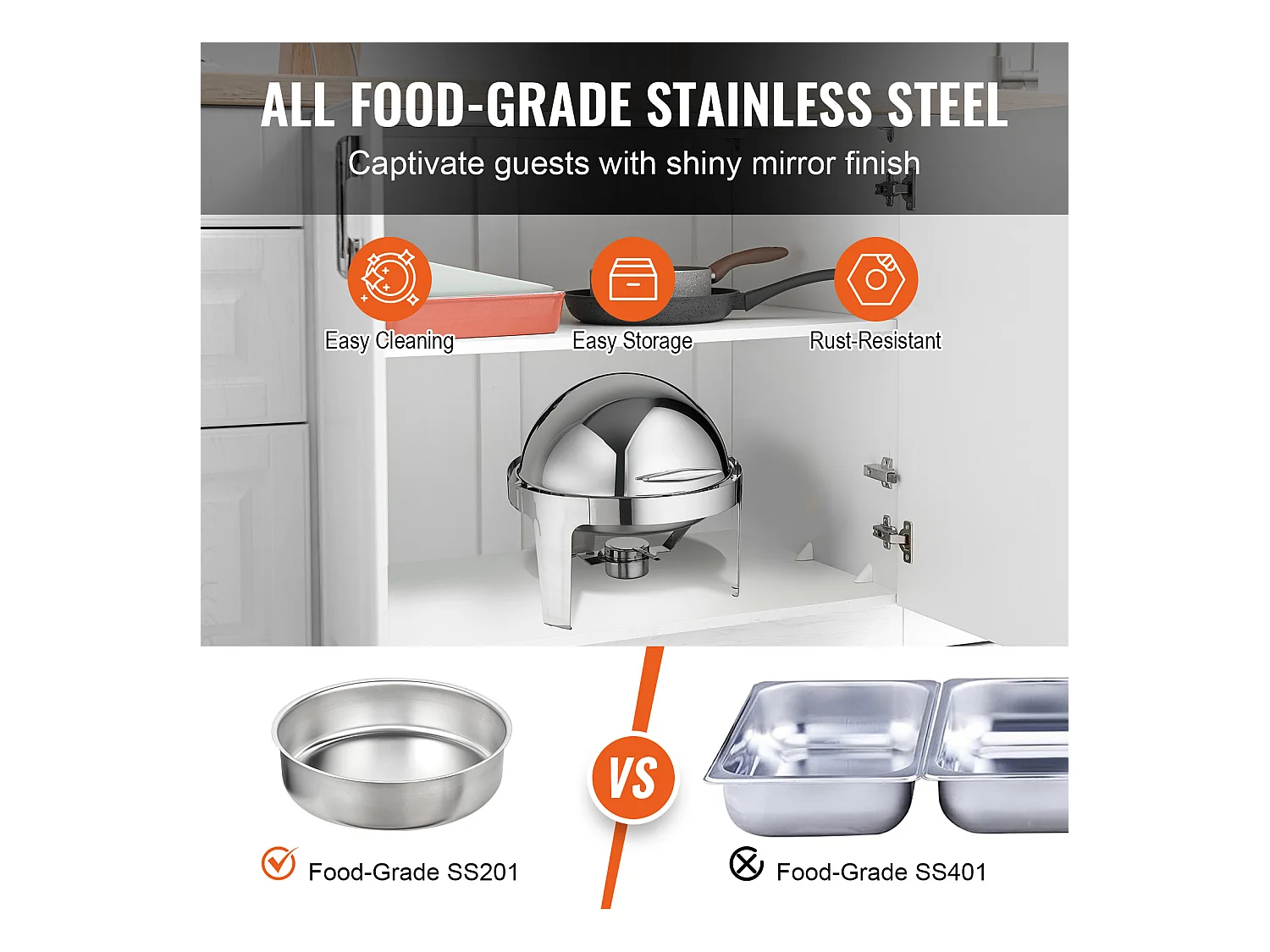 Chauffe-Plats SucceBuy Lot de 2 Plats à Réchaud Ronds avec Couvercle en Acier Inoxydable, Casserole de Taille Standard de 5.5 Litres, Support de Combustible