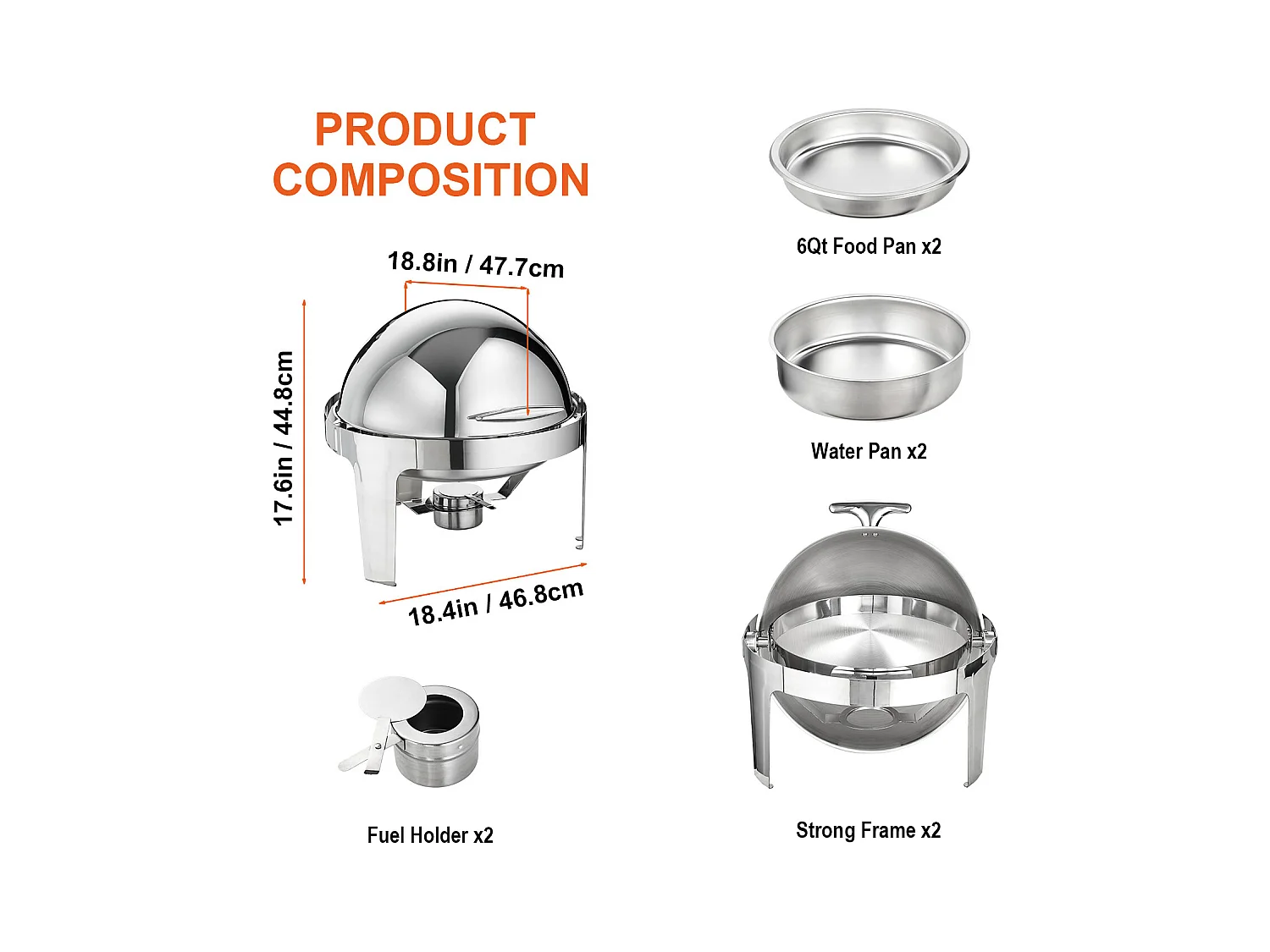 Chauffe-Plats SucceBuy Lot de 2 Plats à Réchaud Ronds avec Couvercle en Acier Inoxydable, Casserole de Taille Standard de 5.5 Litres, Support de Combustible