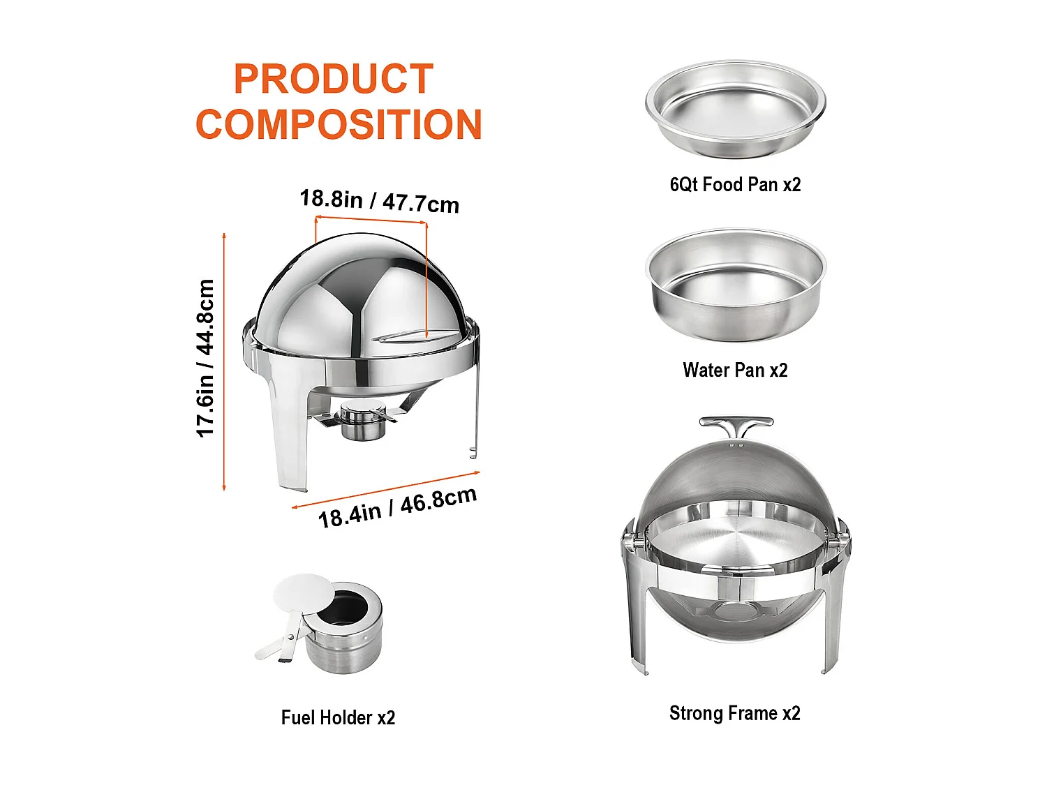 Chauffe-Plats SucceBuy Lot de 2 Plats à Réchaud Ronds avec Couvercle en Acier Inoxydable, Casserole de Taille Standard de 5.5 Litres, Support de Combustible